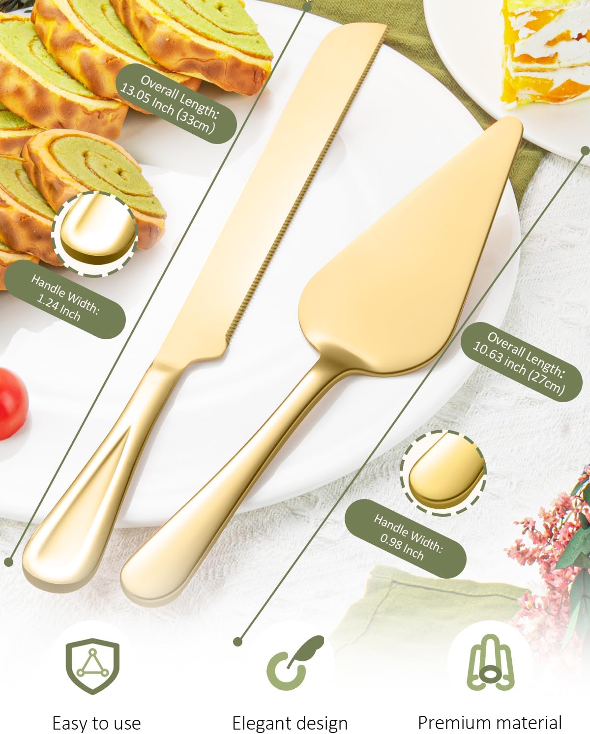13-Inch Premium Cake Cutting Set for wedding .Exquisite Cake Knife and Server Set with Serrated Design, Ideal for Pastries, Pies, and Desserts (Gold)