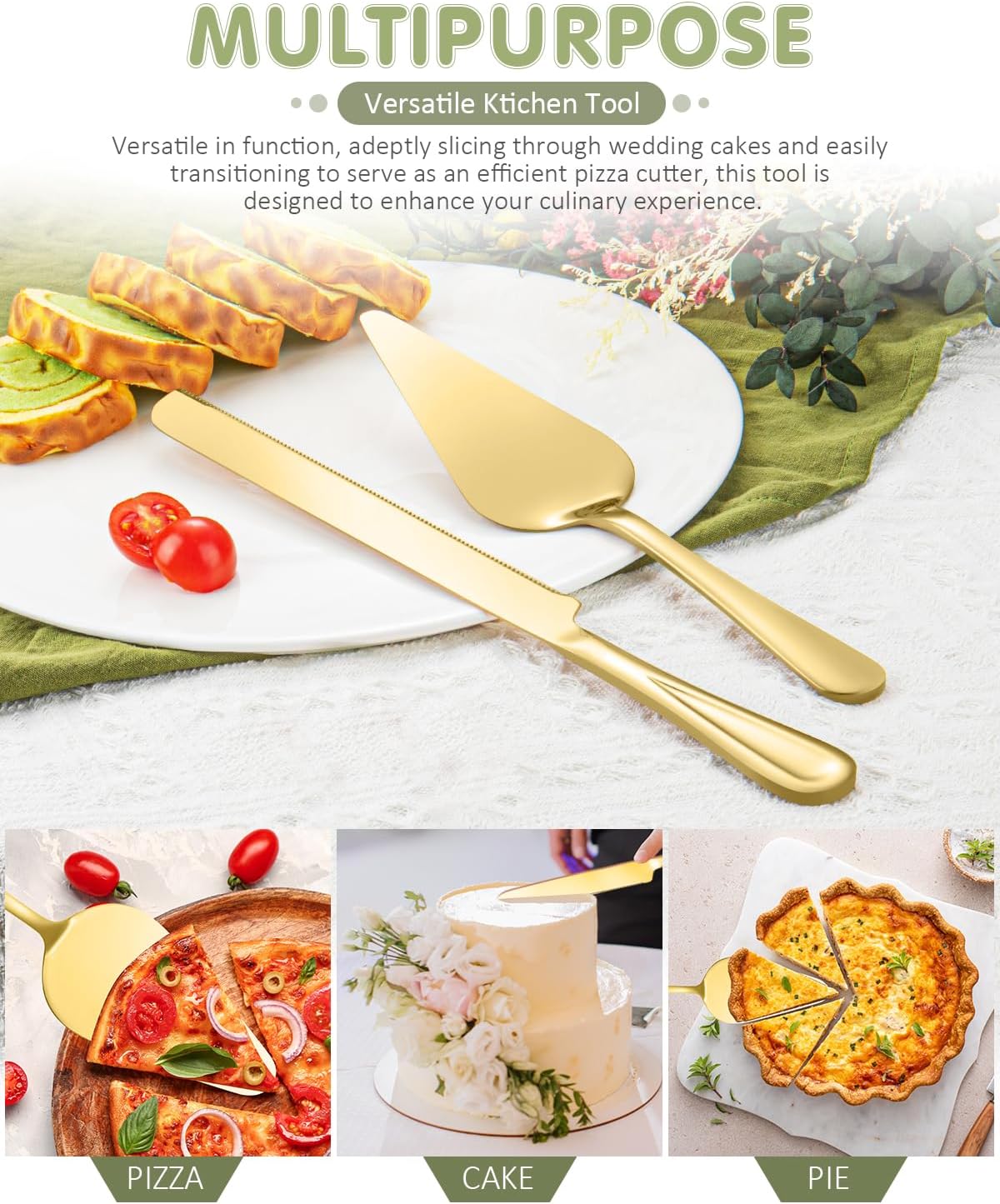 13-Inch Premium Cake Cutting Set for wedding .Exquisite Cake Knife and Server Set with Serrated Design, Ideal for Pastries, Pies, and Desserts (Gold)