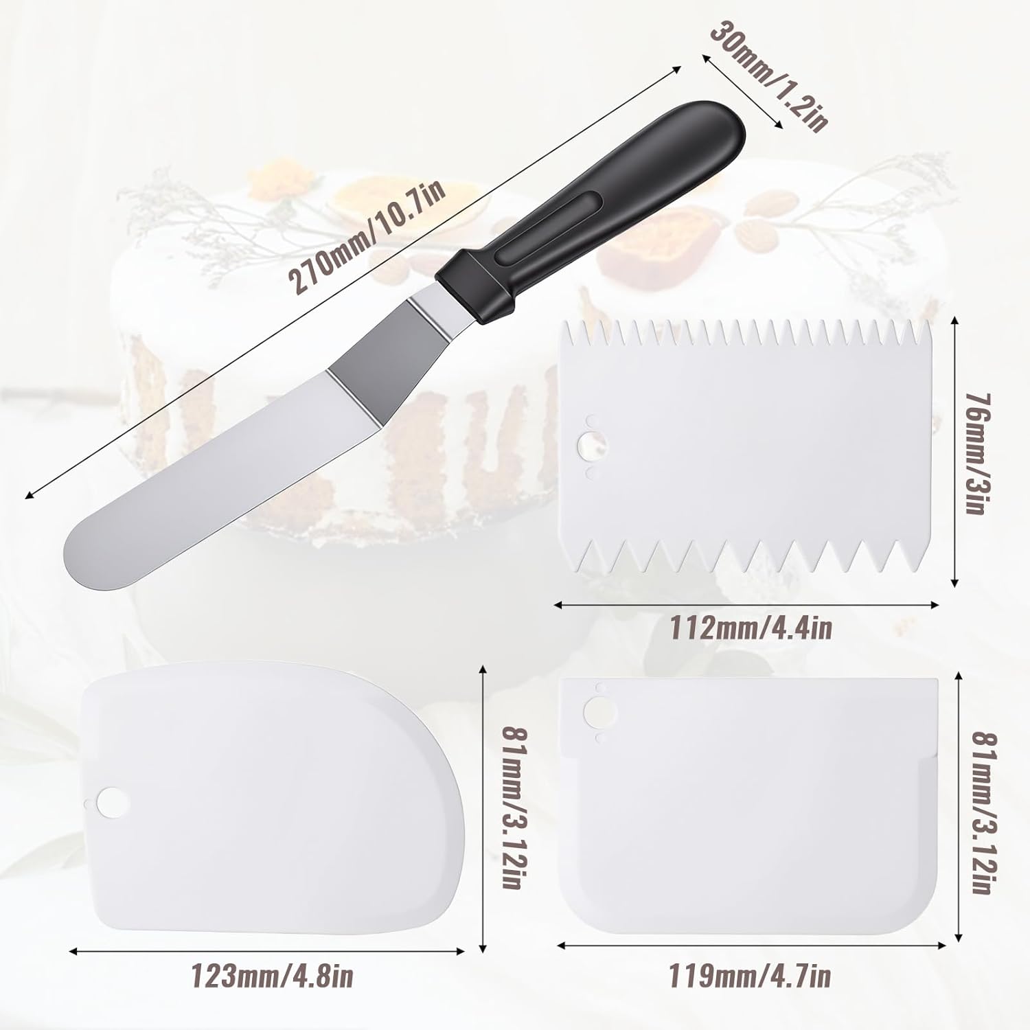 1 Offset Spatula and 3 Icing Smoother Scrapers Set, Frosting Knife Cake Decorating Kit Thickened Stainless Steel Baking Accessories