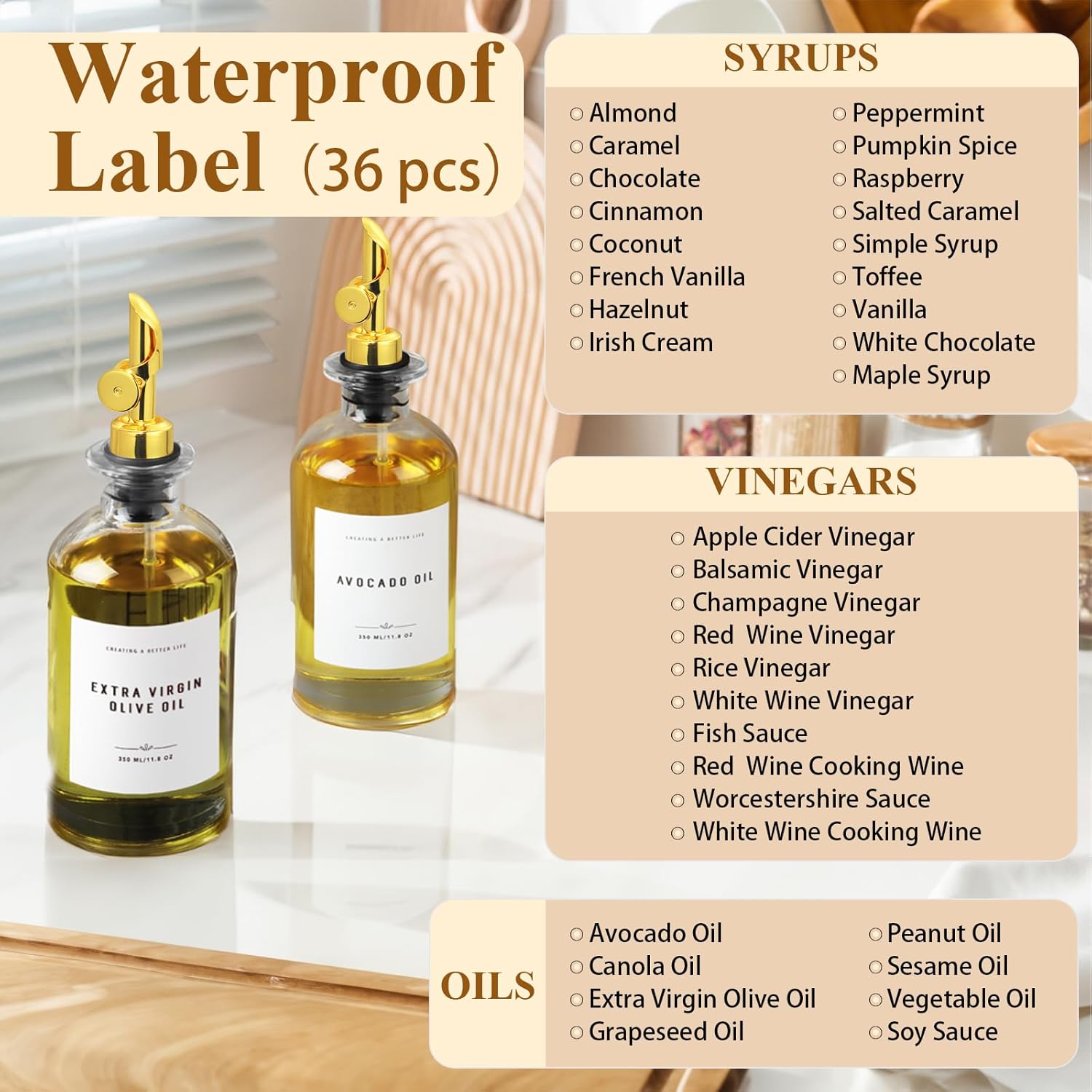 11.8 oz Olive Oil Dispenser Bottle with Bamboo Tray, Gold Metal Pour Spout | Oil and Vinegar Dispenser Set, Coffee Syrup & Cooking Oil Glass Dispenser for Kitchen - Set of 2