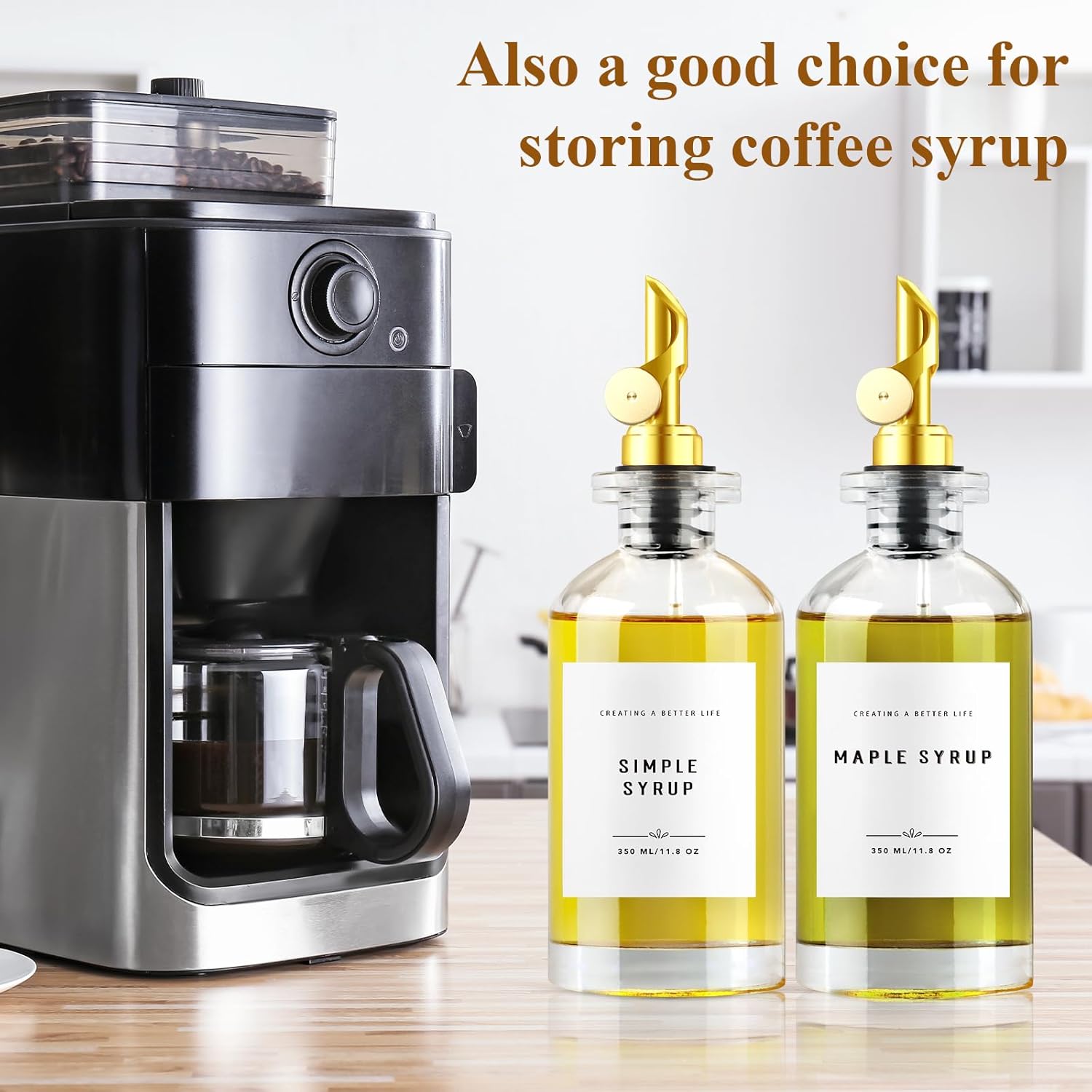 11.8 oz Olive Oil Dispenser Bottle with Bamboo Tray, Gold Metal Pour Spout | Oil and Vinegar Dispenser Set, Coffee Syrup & Cooking Oil Glass Dispenser for Kitchen - Set of 2