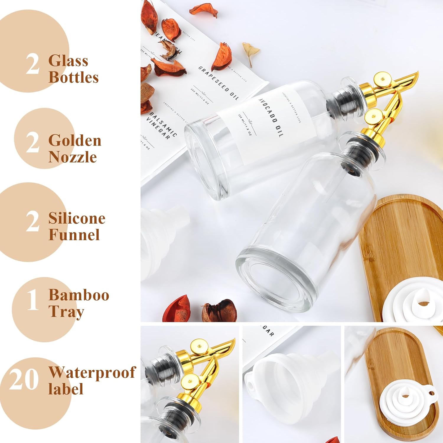 11.8 oz Olive Oil Dispenser Bottle with Bamboo Tray, Gold Metal Pour Spout | Oil and Vinegar Dispenser Set, Coffee Syrup & Cooking Oil Glass Dispenser for Kitchen - Set of 2