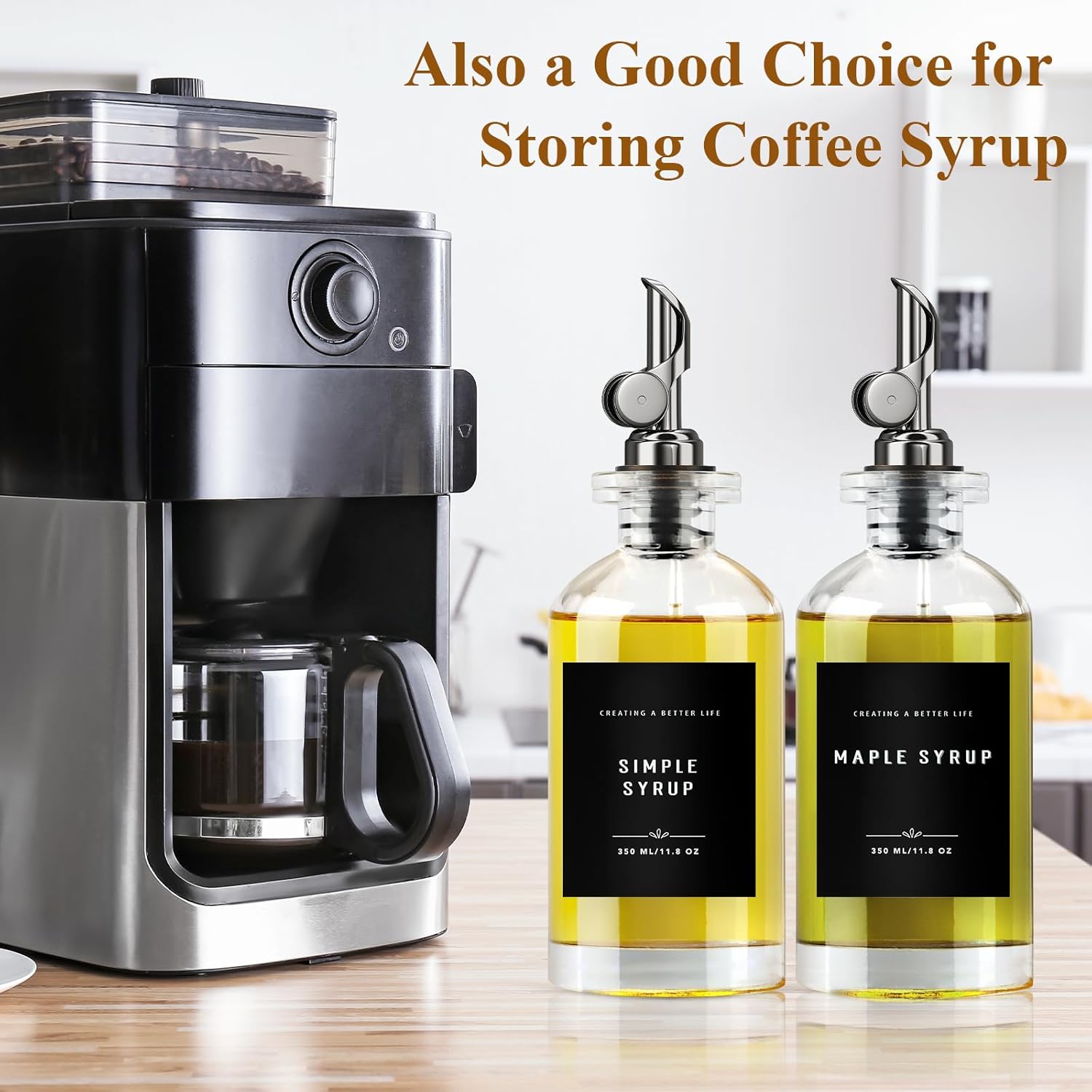 11.8 oz Olive Oil Dispenser Bottle with Bamboo Tray, Gold Metal Pour Spout | Oil and Vinegar Dispenser Set, Coffee Syrup & Cooking Oil Glass Dispenser for Kitchen - Set of 2