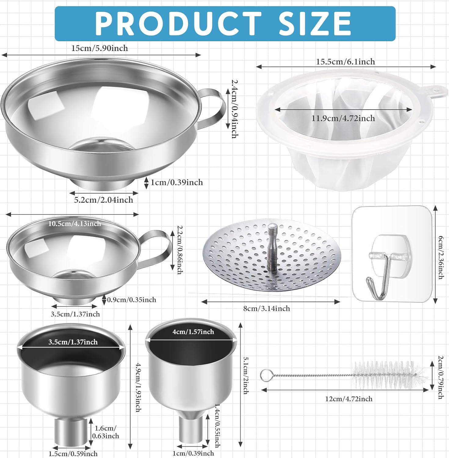 12 Pcs Stainless Steel Canning Funnels for Wide Mouth Mason Jars, Set with Strainer