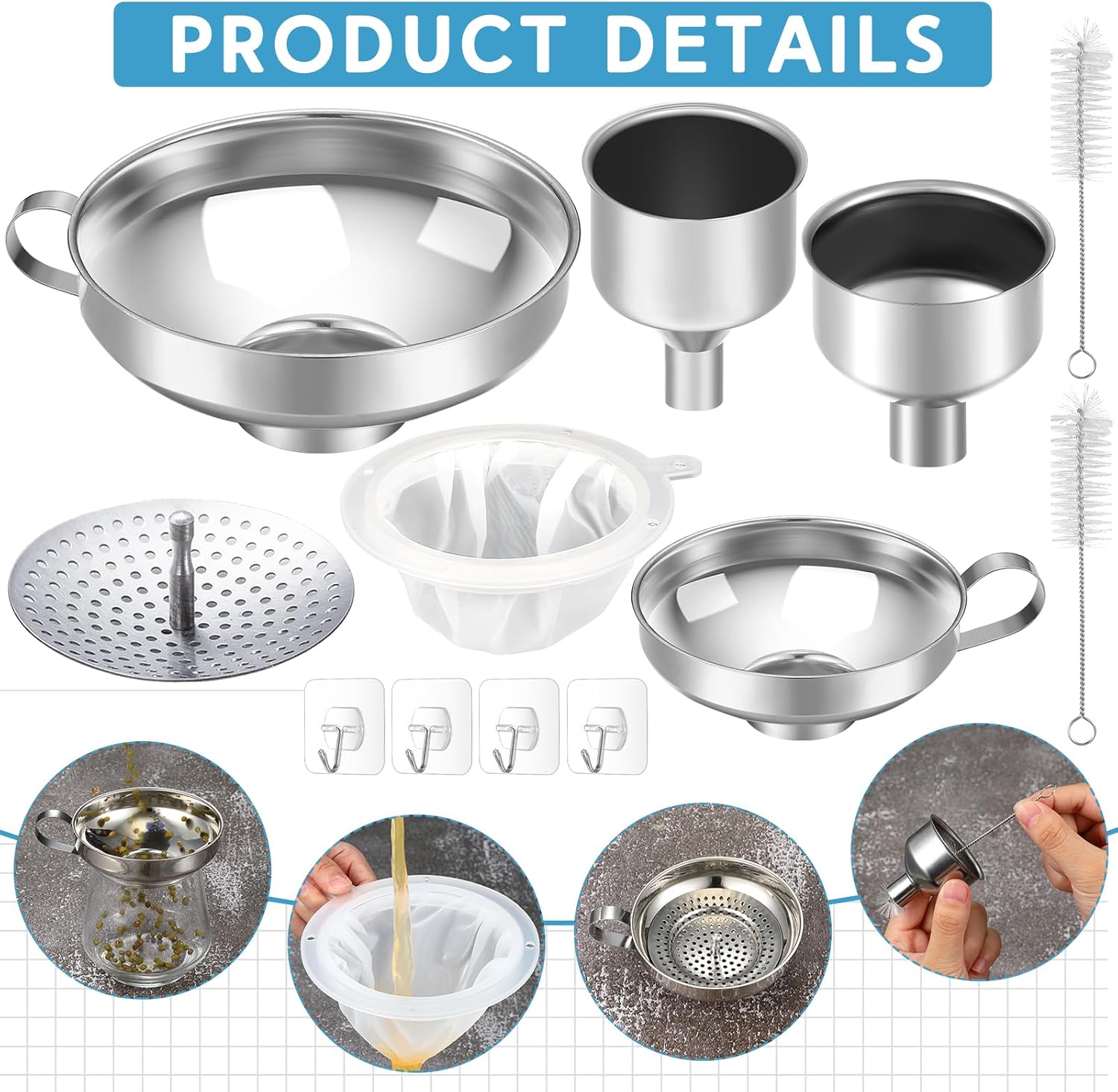 12 Pcs Stainless Steel Canning Funnels for Wide Mouth Mason Jars, Set with Strainer