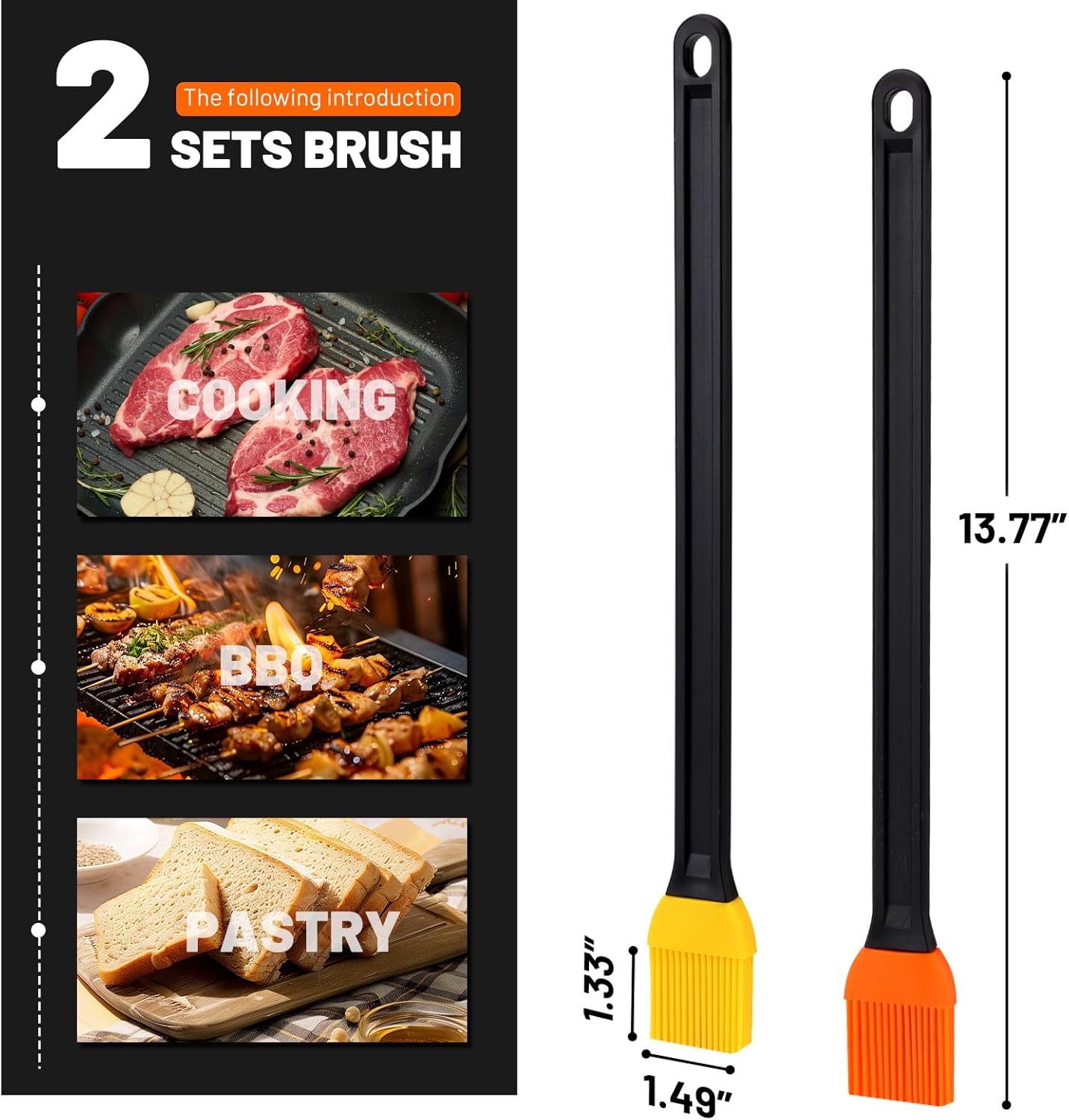 14in 2 Tone Silicone Basting Brush, Non-Slip Long Handle | Grill Brush with Non Slip Grip Long Handle, Kitchen Brush for BBQ, Grilling, Baking, Roasting, Saucing