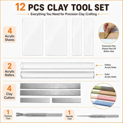 12 Pcs Polymer Clay Tools Kit, Acrylic Roller Rolling Pin Cutters | Air Dry Clay Sculpting Supplies Set, Small Clear Craft Roller, Tissue Blades Knife Slicer, Sheet Press Board, Texture Needle