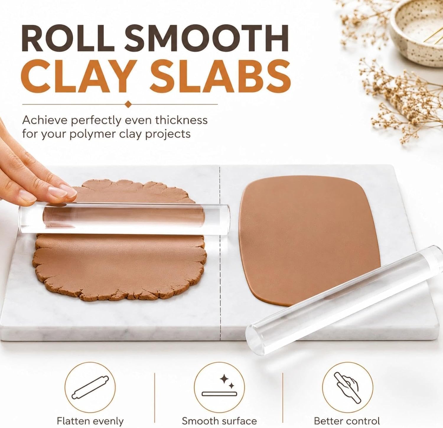 12 Pcs Polymer Clay Tools Kit, Acrylic Roller Rolling Pin Cutters | Air Dry Clay Sculpting Supplies Set, Small Clear Craft Roller, Tissue Blades Knife Slicer, Sheet Press Board, Texture Needle