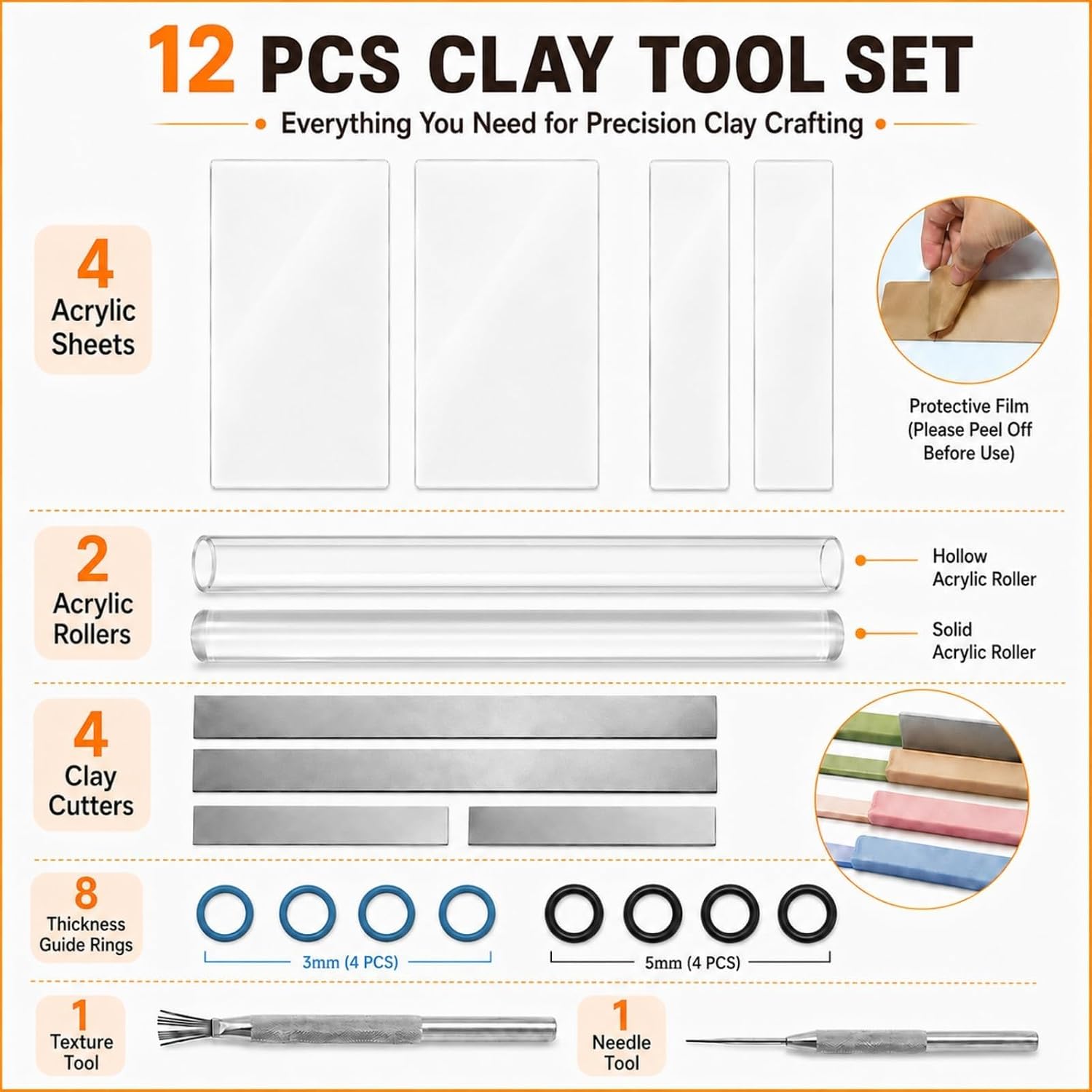 12 Pcs Polymer Clay Tools Kit, Acrylic Roller Rolling Pin Cutters | Air Dry Clay Sculpting Supplies Set, Small Clear Craft Roller, Tissue Blades Knife Slicer, Sheet Press Board, Texture Needle