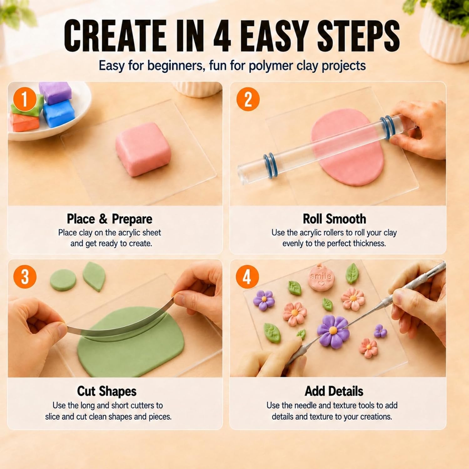 12 Pcs Polymer Clay Tools Kit, Acrylic Roller Rolling Pin Cutters | Air Dry Clay Sculpting Supplies Set, Small Clear Craft Roller, Tissue Blades Knife Slicer, Sheet Press Board, Texture Needle