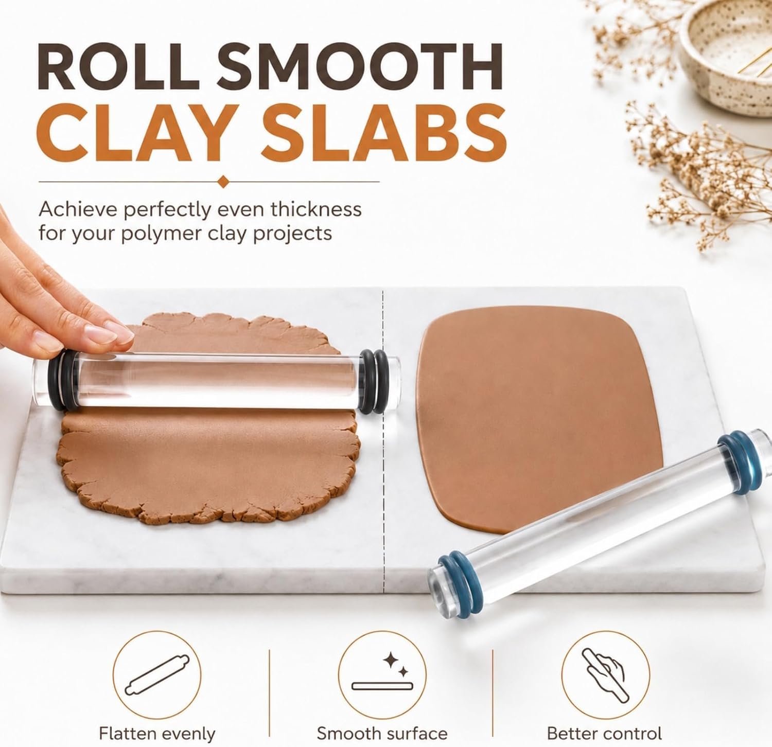12 Pcs Polymer Clay Tools Kit, Acrylic Roller Rolling Pin Cutters | Air Dry Clay Sculpting Supplies Set, Small Clear Craft Roller, Tissue Blades Knife Slicer, Sheet Press Board, Texture Needle