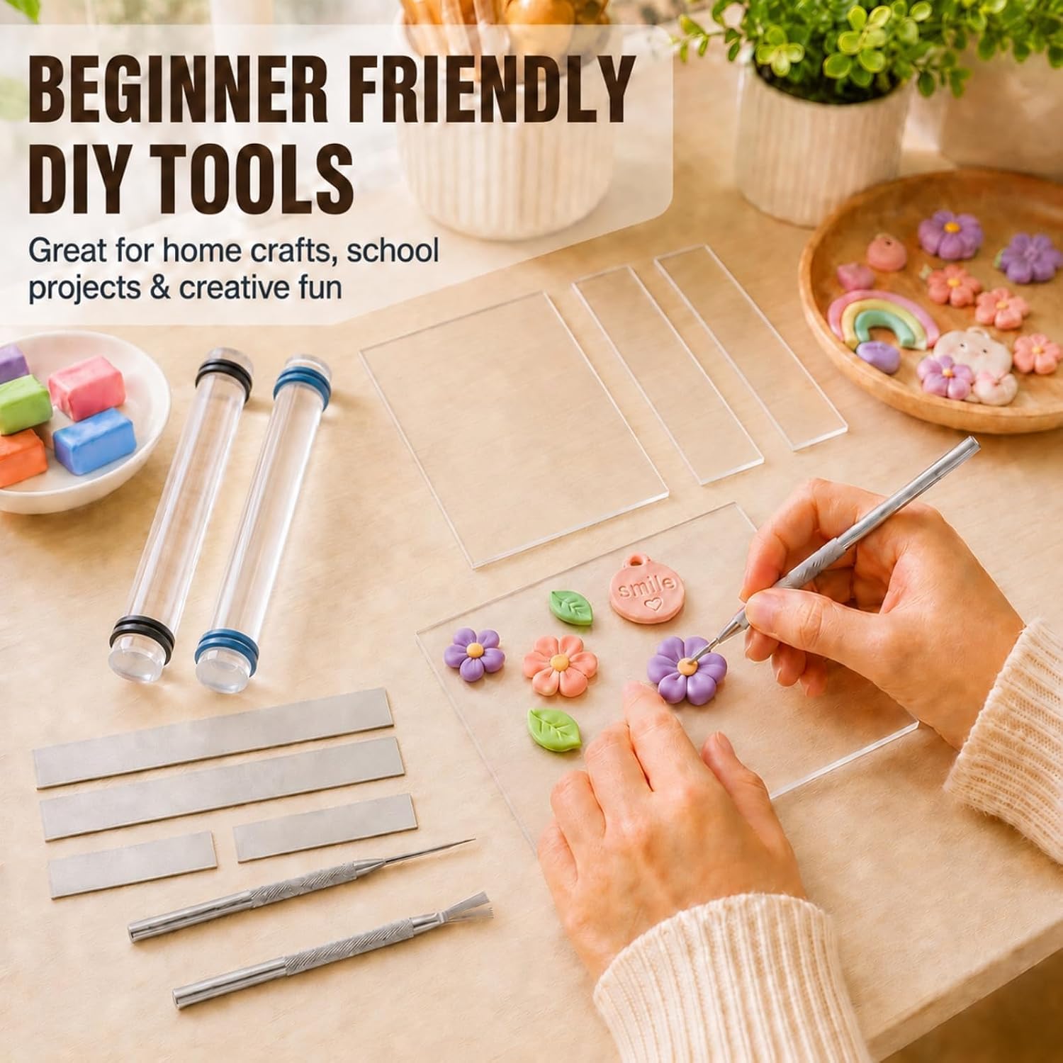 12 Pcs Polymer Clay Tools Kit, Acrylic Roller Rolling Pin Cutters | Air Dry Clay Sculpting Supplies Set, Small Clear Craft Roller, Tissue Blades Knife Slicer, Sheet Press Board, Texture Needle