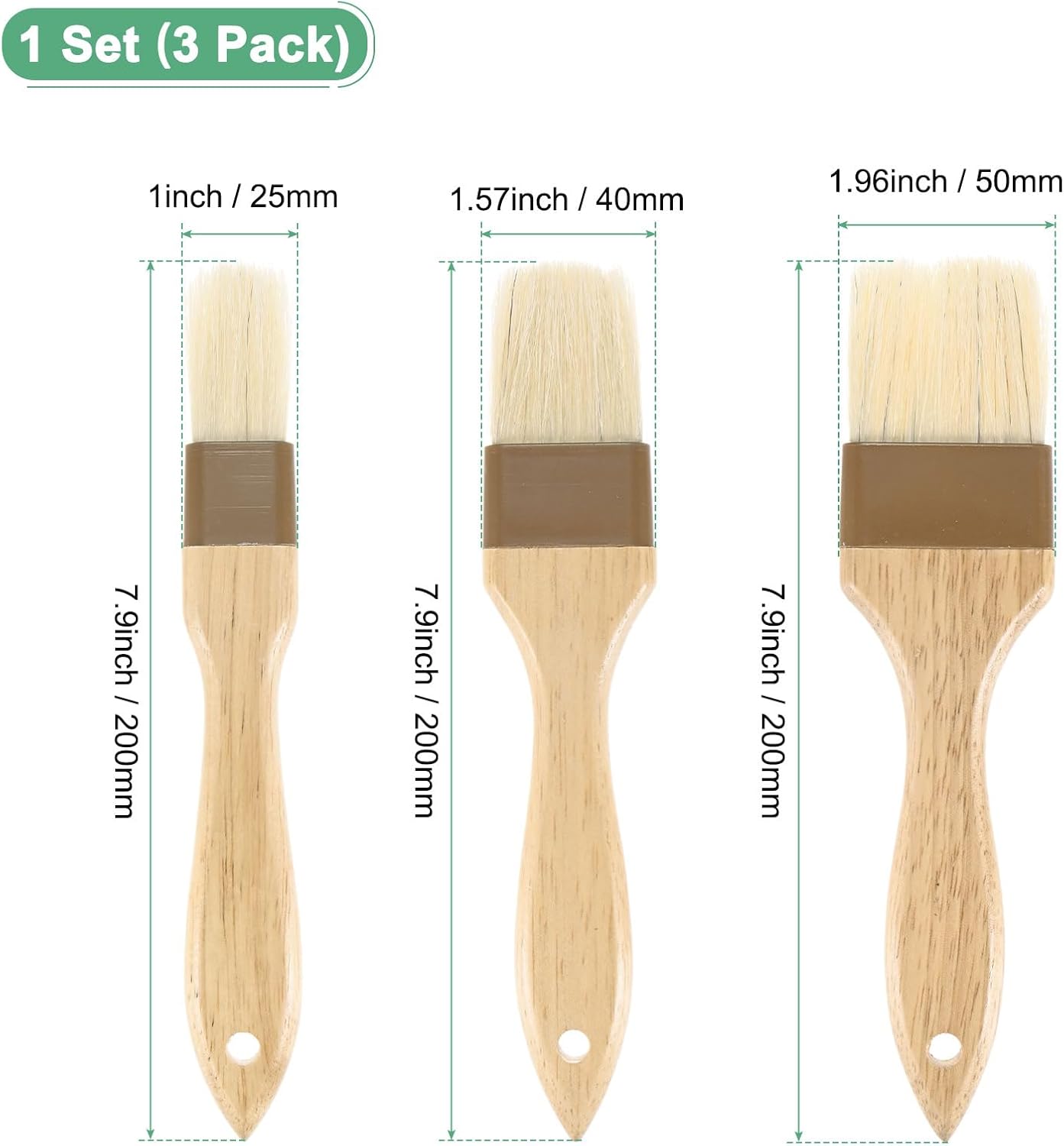 1-Set Pastry Brush, Wooden Handle Natural Bristle Basting BBQ Oil Brush for Cooking/Barbecue/Kitchen 1, 1.6, 2"
