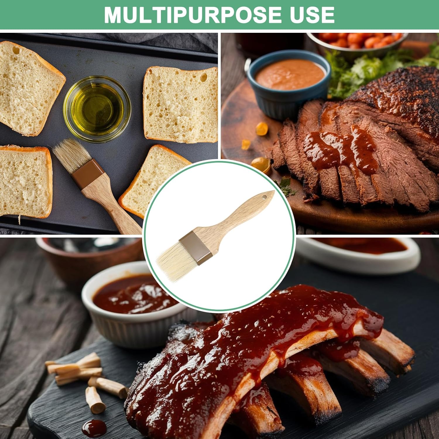 1-Set Pastry Brush, Wooden Handle Natural Bristle Basting BBQ Oil Brush for Cooking/Barbecue/Kitchen 1, 1.6, 2"