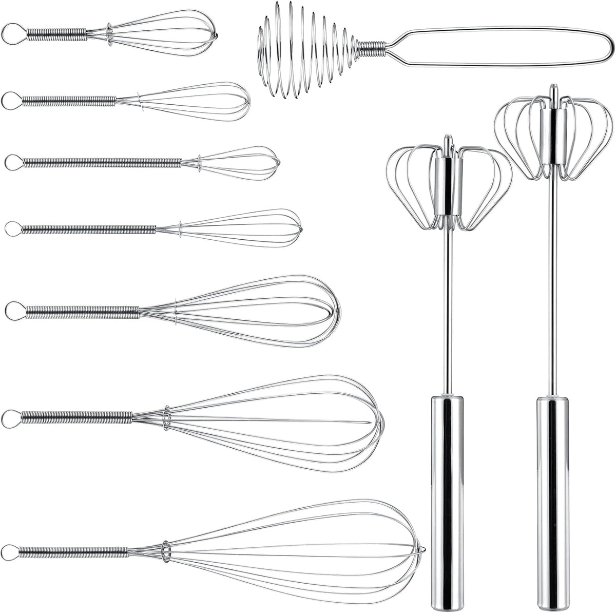 10 Pcs Stainless Steel Whisks Set Egg Beater Semi Auto Whisk Blender Hand Push Beater Versatile Utensil for Kitchen Mixing Blending Beating Stirring Cooking 3 5 6 7 8 10 12 Inch