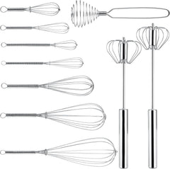 10 Pcs Stainless Steel Whisks Set Egg Beater Semi Auto Whisk Blender Hand Push Beater Versatile Utensil for Kitchen Mixing Blending Beating Stirring Cooking 3 5 6 7 8 10 12 Inch