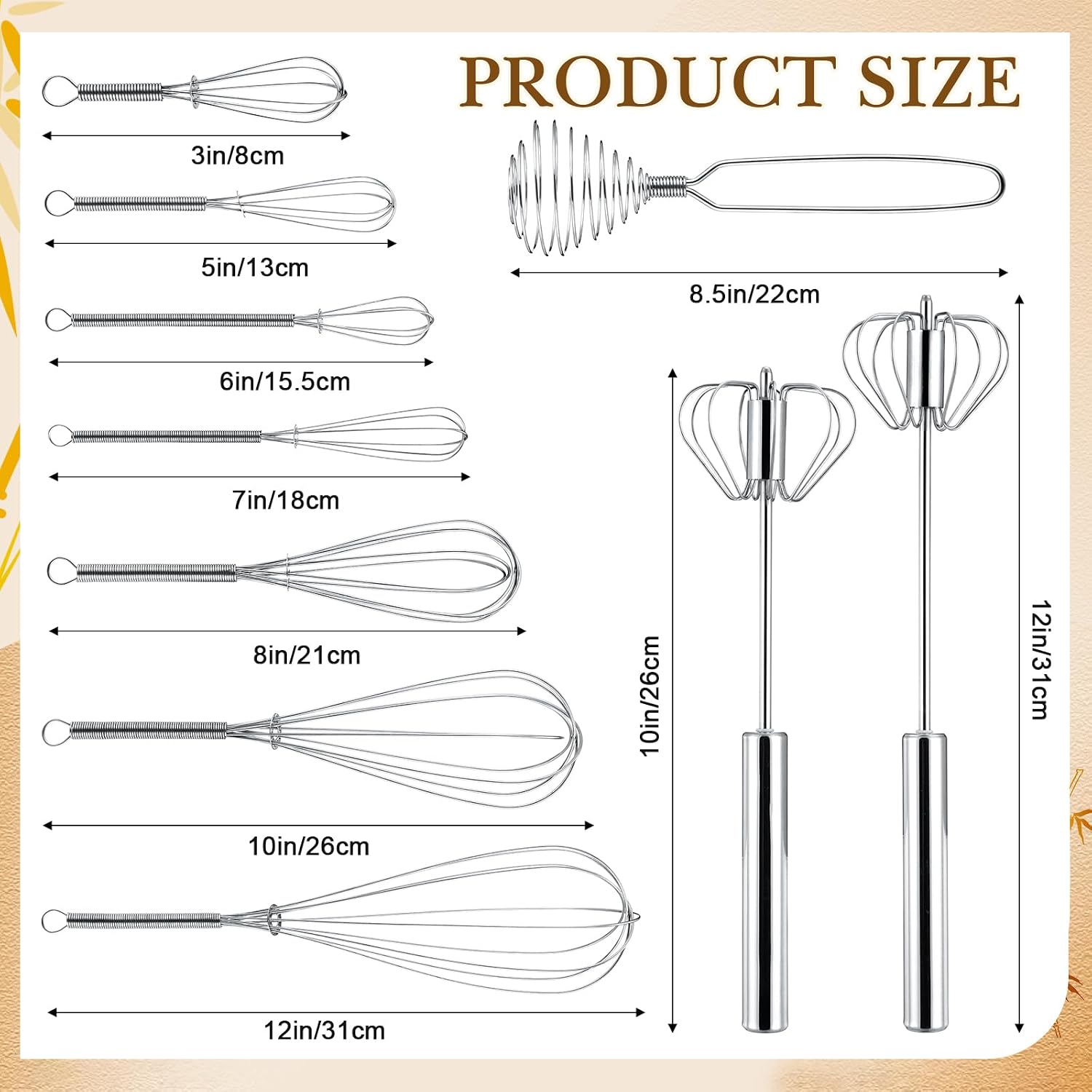 10 Pcs Stainless Steel Whisks Set Egg Beater Semi Auto Whisk Blender Hand Push Beater Versatile Utensil for Kitchen Mixing Blending Beating Stirring Cooking 3 5 6 7 8 10 12 Inch