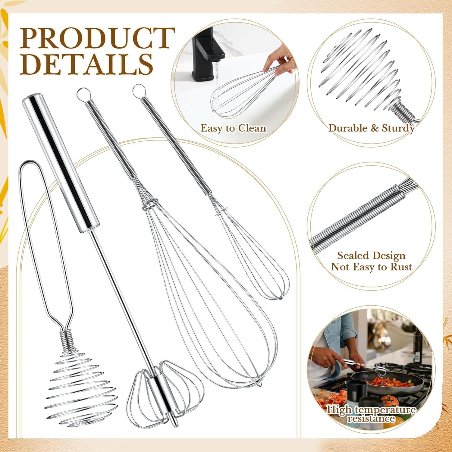 10 Pcs Stainless Steel Whisks Set Egg Beater Semi Auto Whisk Blender Hand Push Beater Versatile Utensil for Kitchen Mixing Blending Beating Stirring Cooking 3 5 6 7 8 10 12 Inch