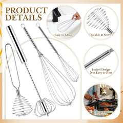 10 Pcs Stainless Steel Whisks Set Egg Beater Semi Auto Whisk Blender Hand Push Beater Versatile Utensil for Kitchen Mixing Blending Beating Stirring Cooking 3 5 6 7 8 10 12 Inch