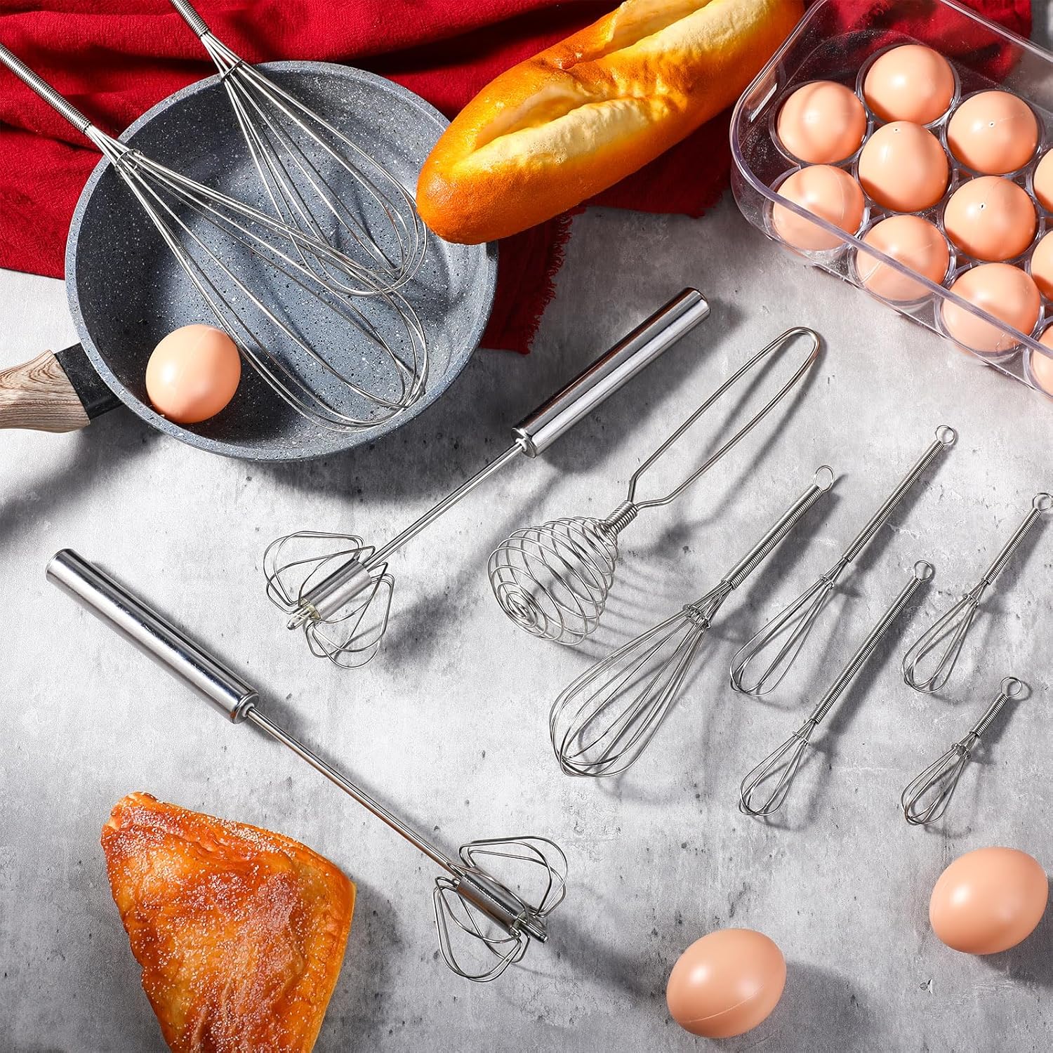 10 Pcs Stainless Steel Whisks Set Egg Beater Semi Auto Whisk Blender Hand Push Beater Versatile Utensil for Kitchen Mixing Blending Beating Stirring Cooking 3 5 6 7 8 10 12 Inch