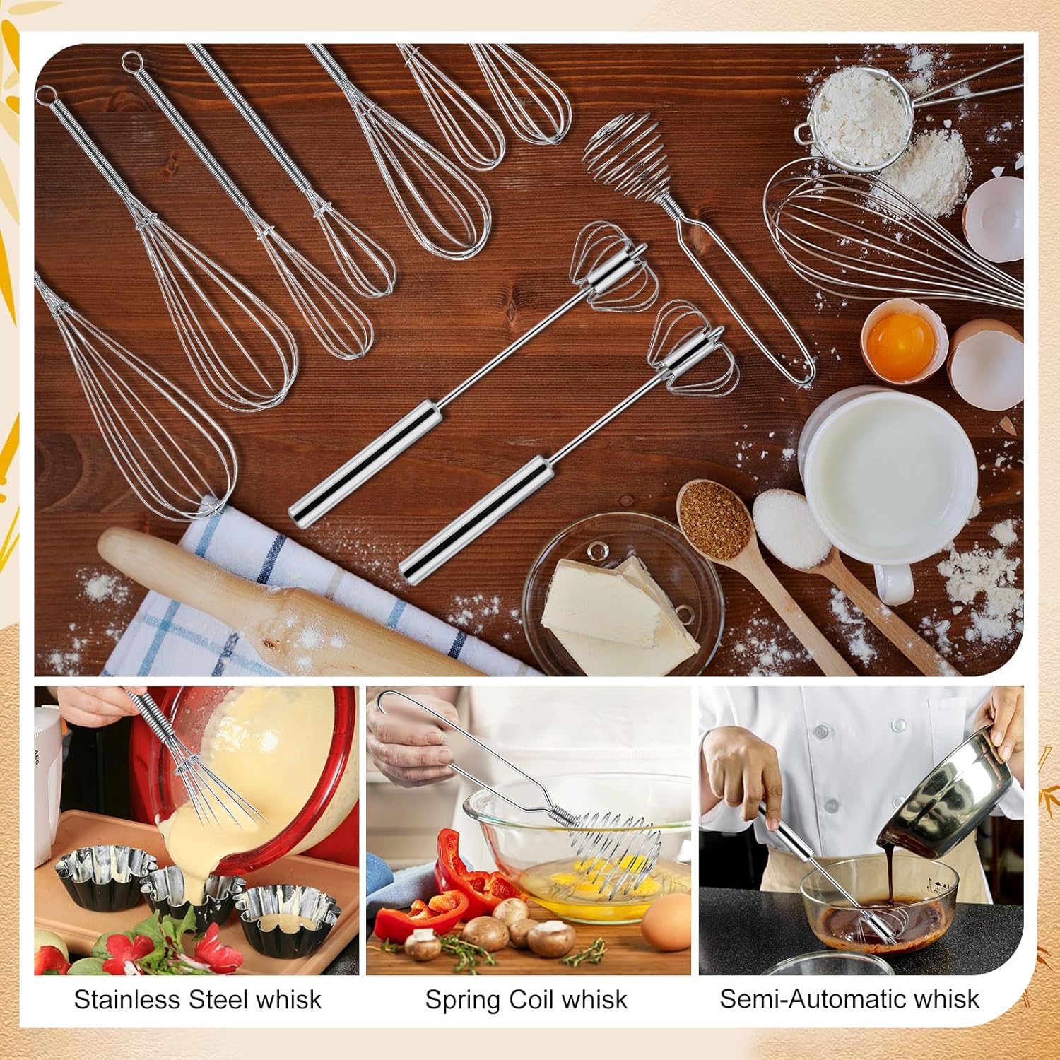 10 Pcs Stainless Steel Whisks Set Egg Beater Semi Auto Whisk Blender Hand Push Beater Versatile Utensil for Kitchen Mixing Blending Beating Stirring Cooking 3 5 6 7 8 10 12 Inch