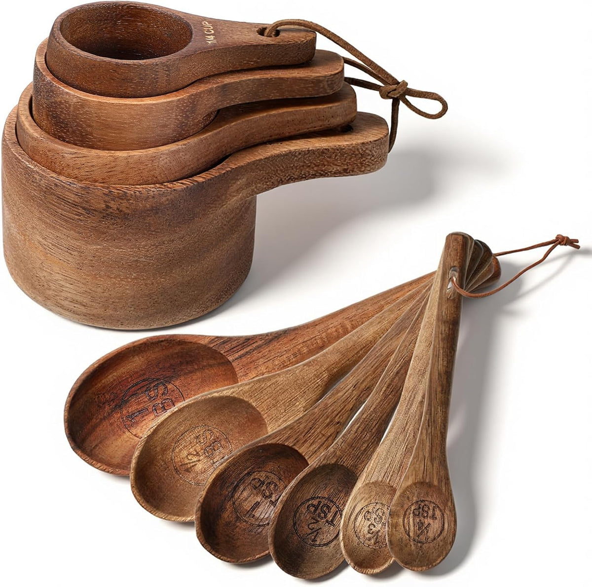 10-Piece Wooden Measuring Cups and Spoons Set, Handcrafted Acacia Wooden Measuring Cups - Solid Acacia Wood, Laser Engraved, Wood Rustic Kitchen Accessories for Baking, Cooking