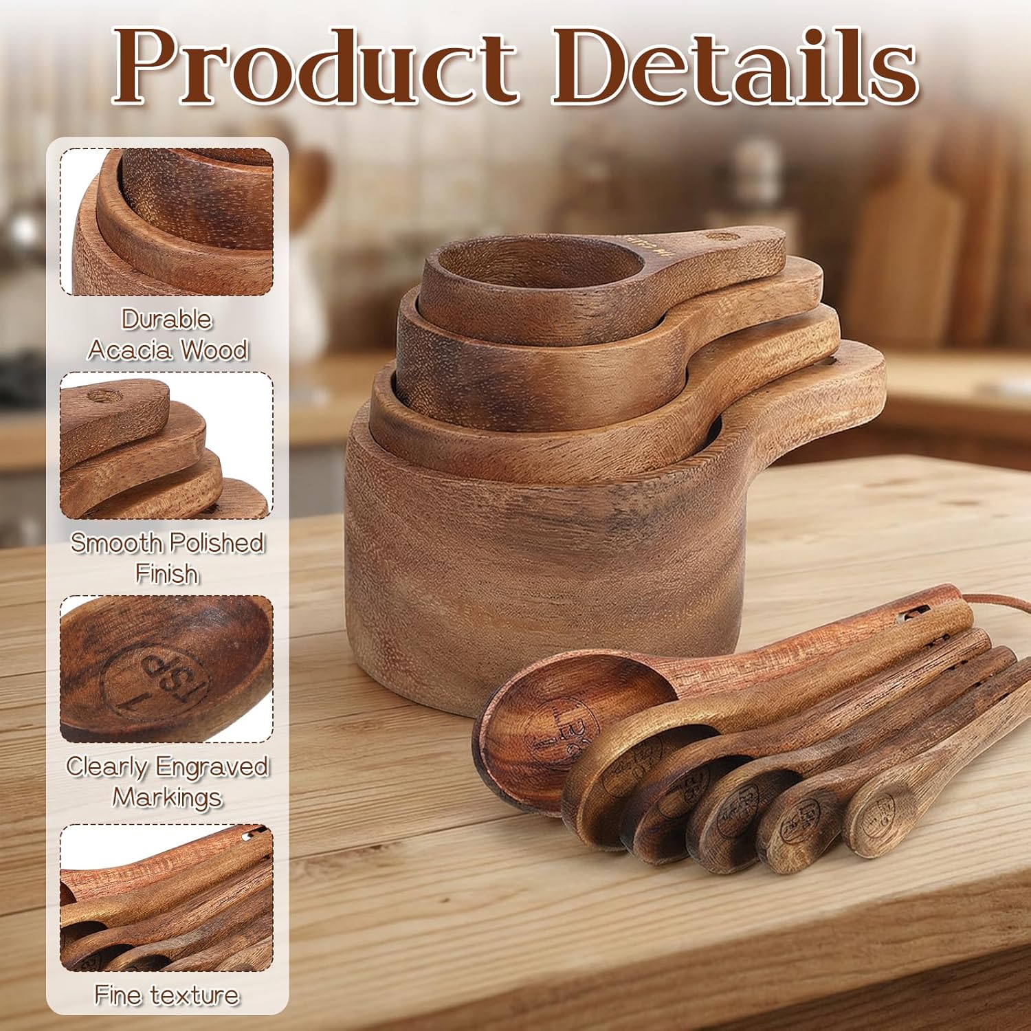 10-Piece Wooden Measuring Cups and Spoons Set, Handcrafted Acacia Wooden Measuring Cups - Solid Acacia Wood, Laser Engraved, Wood Rustic Kitchen Accessories for Baking, Cooking