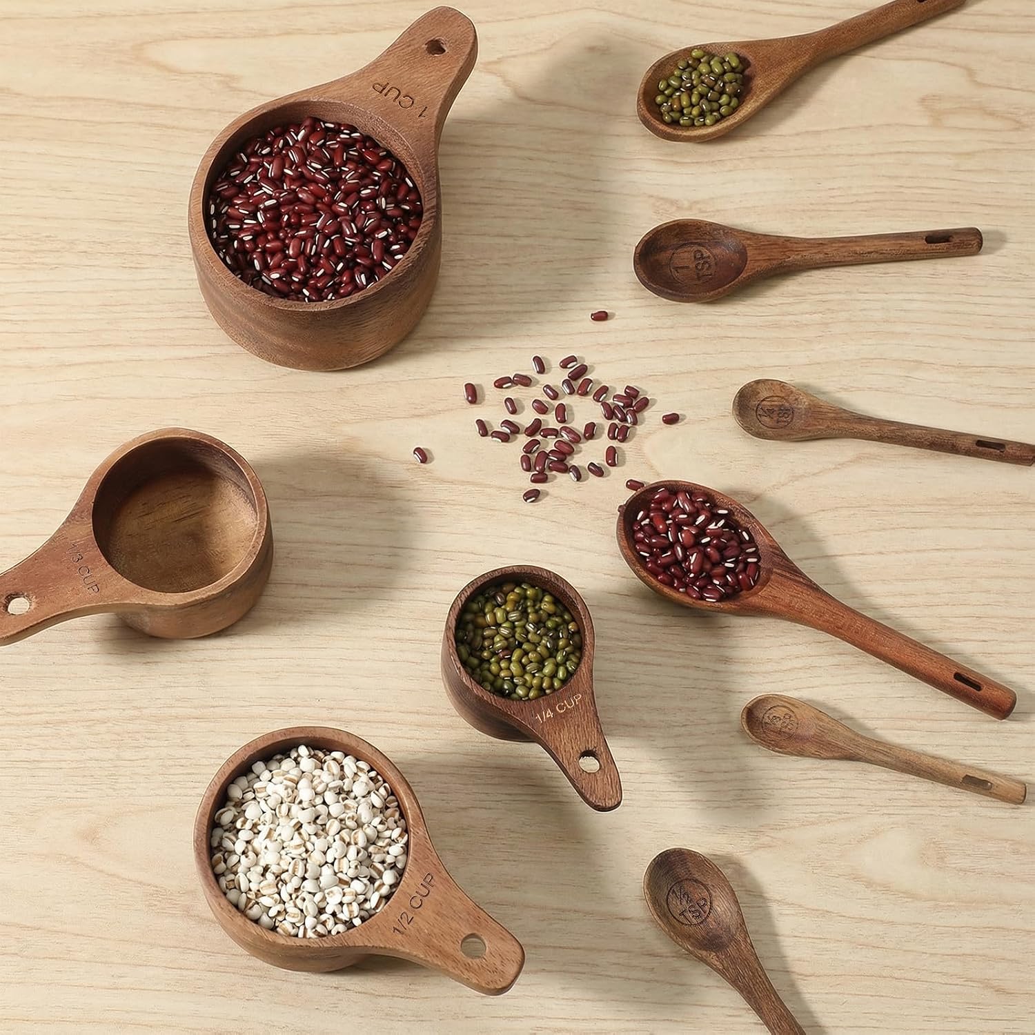 10-Piece Wooden Measuring Cups and Spoons Set, Handcrafted Acacia Wooden Measuring Cups - Solid Acacia Wood, Laser Engraved, Wood Rustic Kitchen Accessories for Baking, Cooking