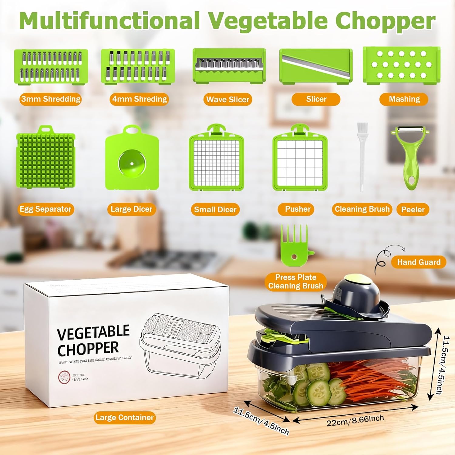 15 in 1 Vegetable Chopper with Container and Stainless Steel Blades | For onions, potatoes and vegetables. Large 1.5L container with drain basket for convenient washing and meal preparation
