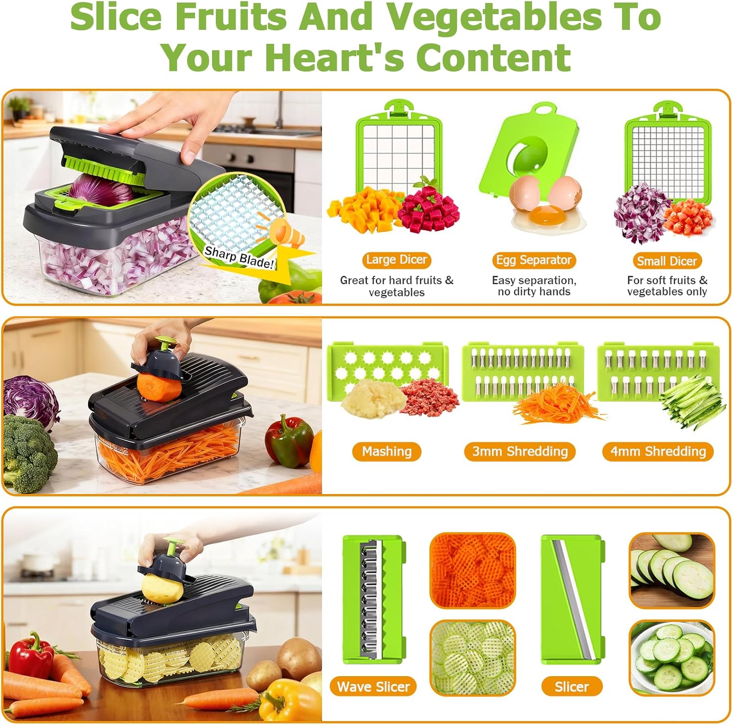 15 in 1 Vegetable Chopper with Container and Stainless Steel Blades | For onions, potatoes and vegetables. Large 1.5L container with drain basket for convenient washing and meal preparation