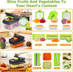 15 in 1 Vegetable Chopper with Container and Stainless Steel Blades | For onions, potatoes and vegetables. Large 1.5L container with drain basket for convenient washing and meal preparation