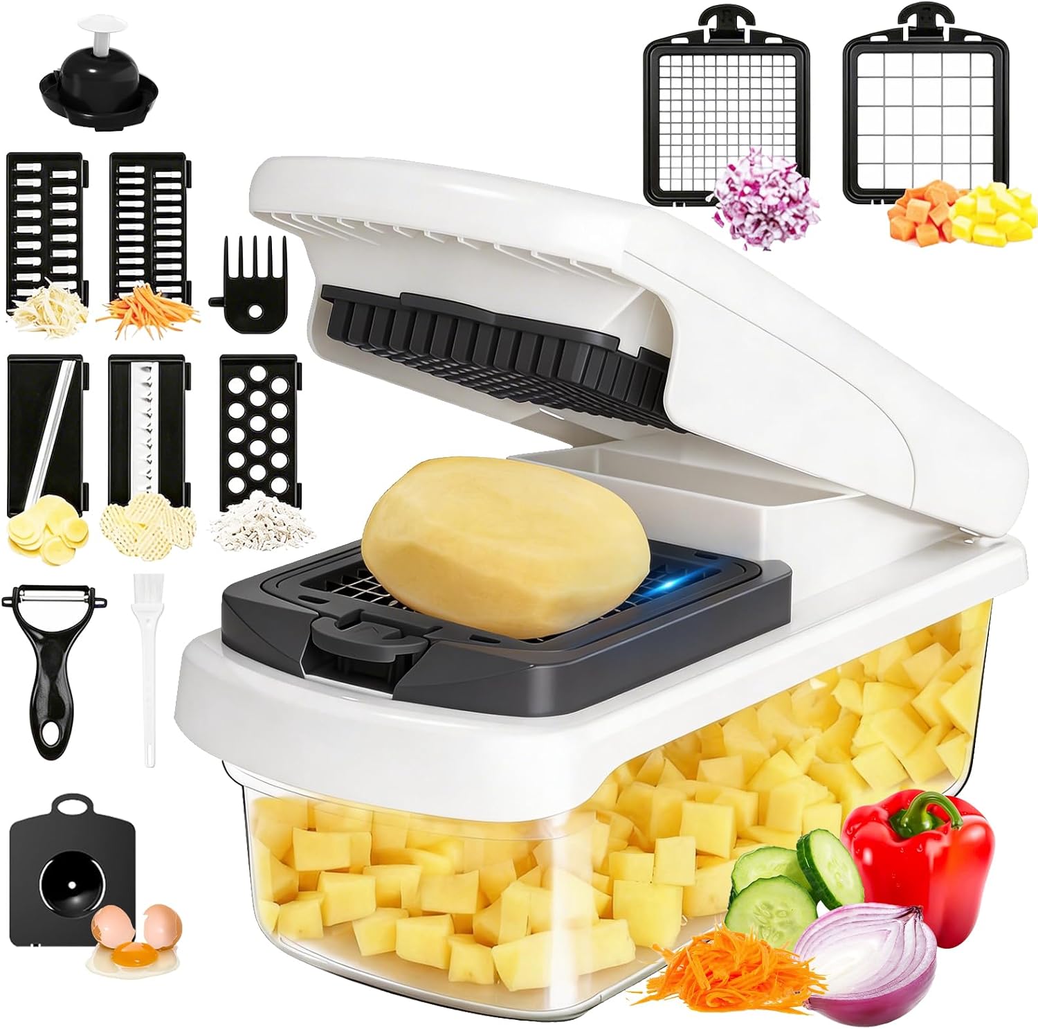 15 in 1 Vegetable Chopper with Container and Stainless Steel Blades | For onions, potatoes and vegetables. Large 1.5L container with drain basket for convenient washing and meal preparation