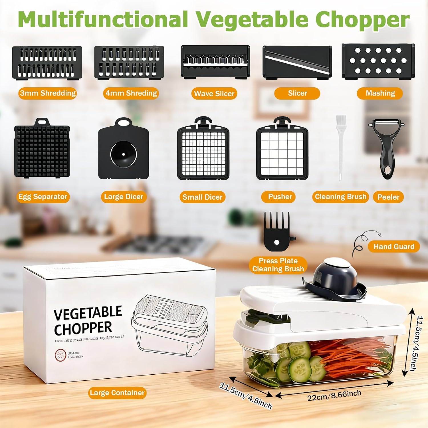 15 in 1 Vegetable Chopper with Container and Stainless Steel Blades | For onions, potatoes and vegetables. Large 1.5L container with drain basket for convenient washing and meal preparation