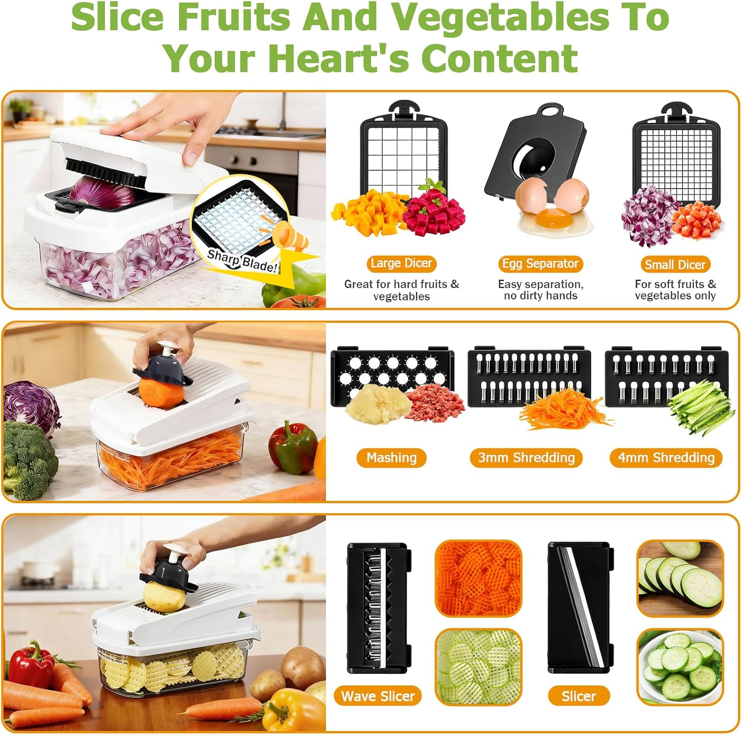 15 in 1 Vegetable Chopper with Container and Stainless Steel Blades | For onions, potatoes and vegetables. Large 1.5L container with drain basket for convenient washing and meal preparation