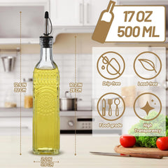 1-Pack Glass Oil Dispenser 500ML/17OZ, Vinegar Bottle with Stainless Steel Pourer, Brush, Funnel, Seal Cap (Sunflower)