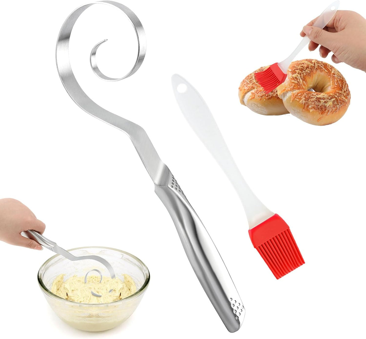 10" Stainless Steel Danish Dough Whisk for Sourdough Pastry Batter | Stainless Steel,Dishwasher Safe,Dutch Bread Mixing Tool ,with Silicone basting brush