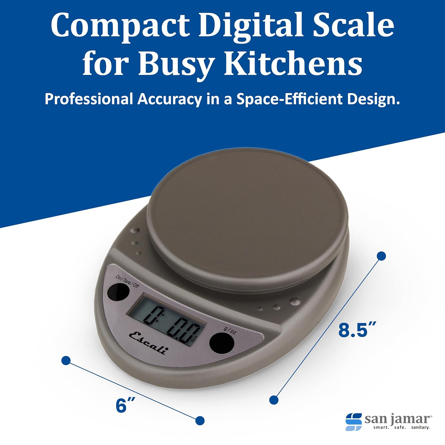 "Escali Primo Digital Kitchen Scale –SCDG11M Digital Food Scale Grams and Ounces for Cooking, Baking, Restaurants, Compact Design, Battery Operated, Removable Platform, 11lb/5kg, Metallic Gray"