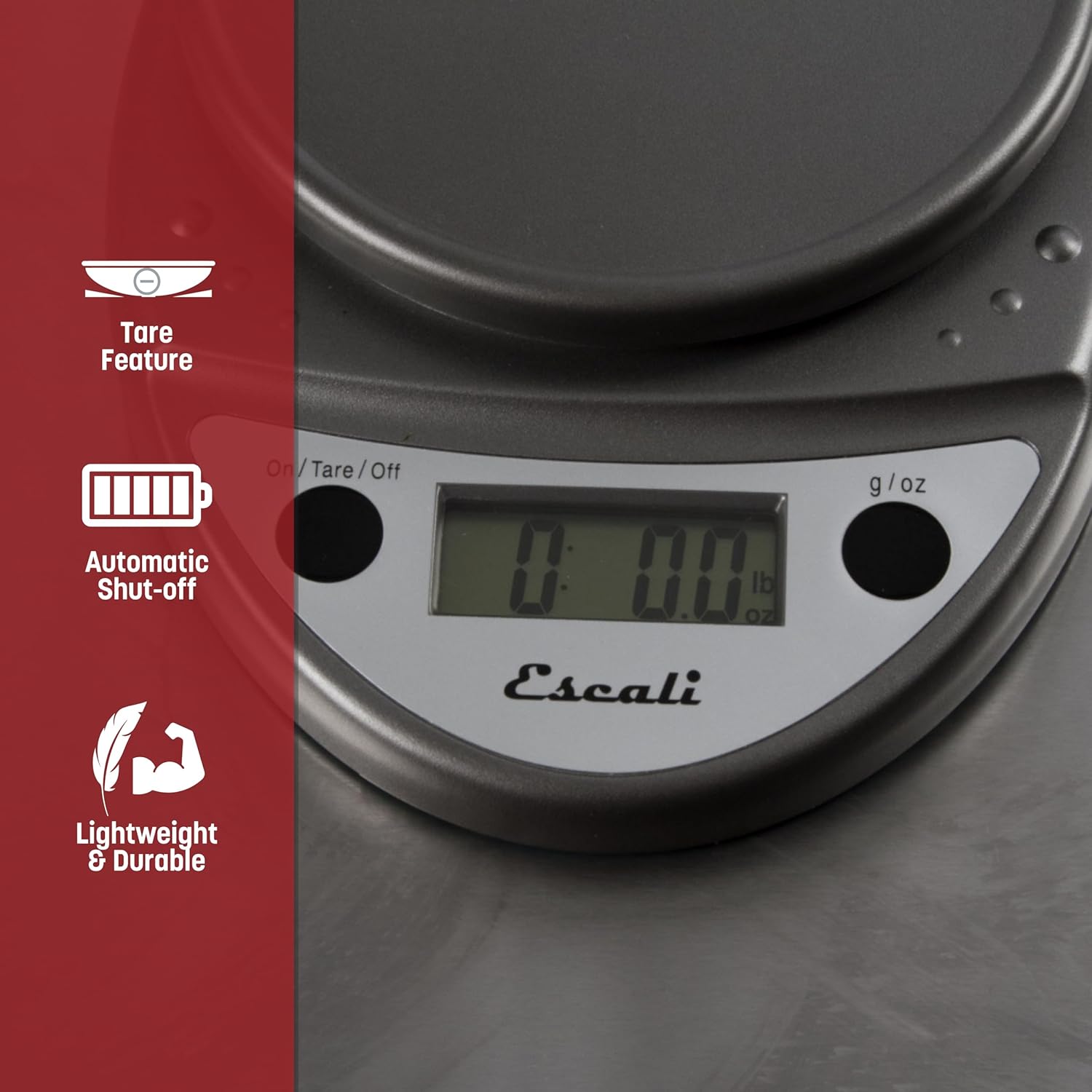"Escali Primo Digital Kitchen Scale –SCDG11M Digital Food Scale Grams and Ounces for Cooking, Baking, Restaurants, Compact Design, Battery Operated, Removable Platform, 11lb/5kg, Metallic Gray"
