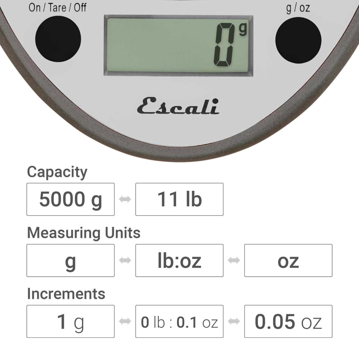 "Escali Primo Digital Kitchen Scale –SCDG11M Digital Food Scale Grams and Ounces for Cooking, Baking, Restaurants, Compact Design, Battery Operated, Removable Platform, 11lb/5kg, Metallic Gray"
