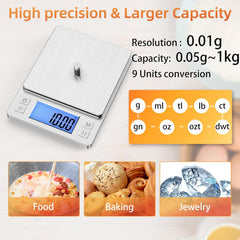 0.01g Small Digital Gram Scale, Upgraded 1kg Jewelry Scale | USB Rechargeable, Larger Display, Hold Function, High Precision, Grams and Ounces for Herb, Coin,Powder,Yeast, Kitchen Sliver