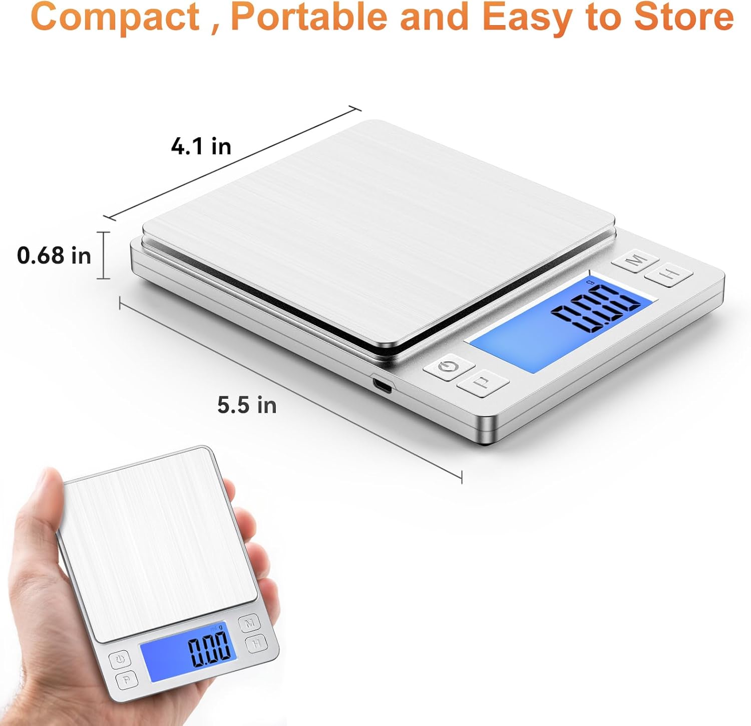 0.01g Small Digital Gram Scale, Upgraded 1kg Jewelry Scale | USB Rechargeable, Larger Display, Hold Function, High Precision, Grams and Ounces for Herb, Coin,Powder,Yeast, Kitchen Sliver