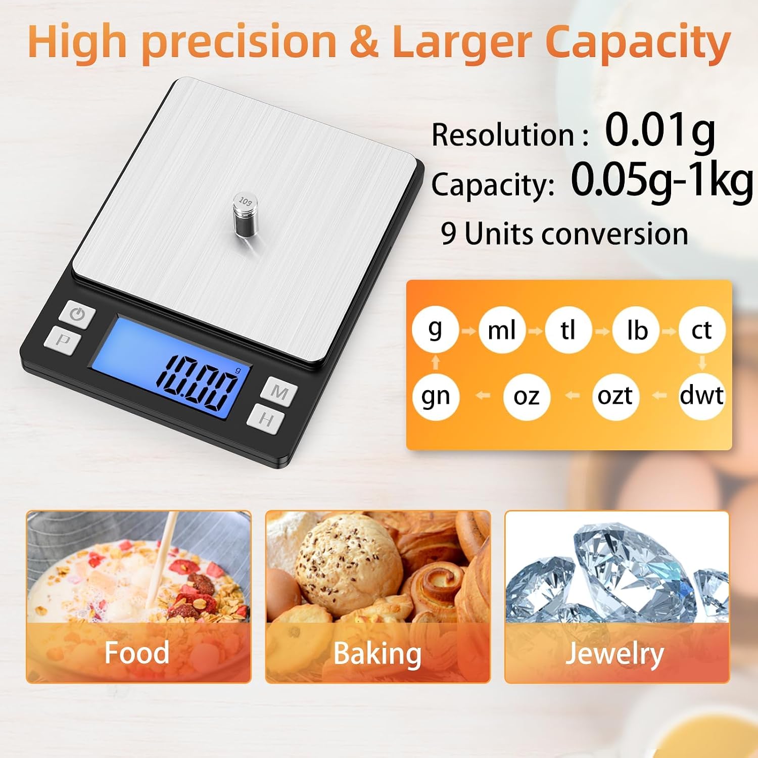 0.01g Small Digital Gram Scale, Upgraded 1kg Jewelry Scale | USB Rechargeable, Larger Display, Hold Function, High Precision, Grams and Ounces for Herb, Coin,Powder,Yeast, Kitchen Sliver