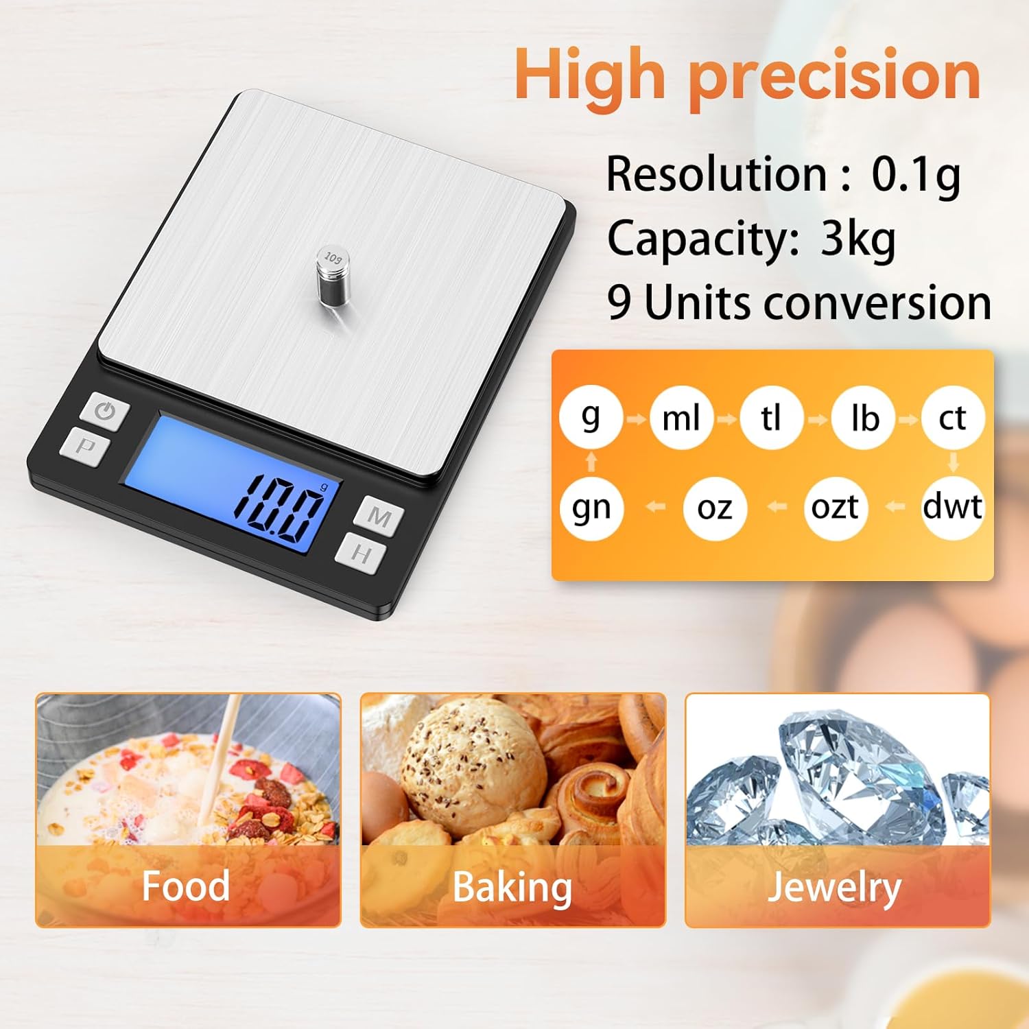 0.01g Small Digital Gram Scale, Upgraded 1kg Jewelry Scale | USB Rechargeable, Larger Display, Hold Function, High Precision, Grams and Ounces for Herb, Coin,Powder,Yeast, Kitchen Sliver