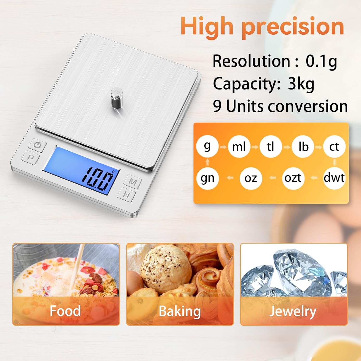 0.01g Small Digital Gram Scale, Upgraded 1kg Jewelry Scale | USB Rechargeable, Larger Display, Hold Function, High Precision, Grams and Ounces for Herb, Coin,Powder,Yeast, Kitchen Sliver