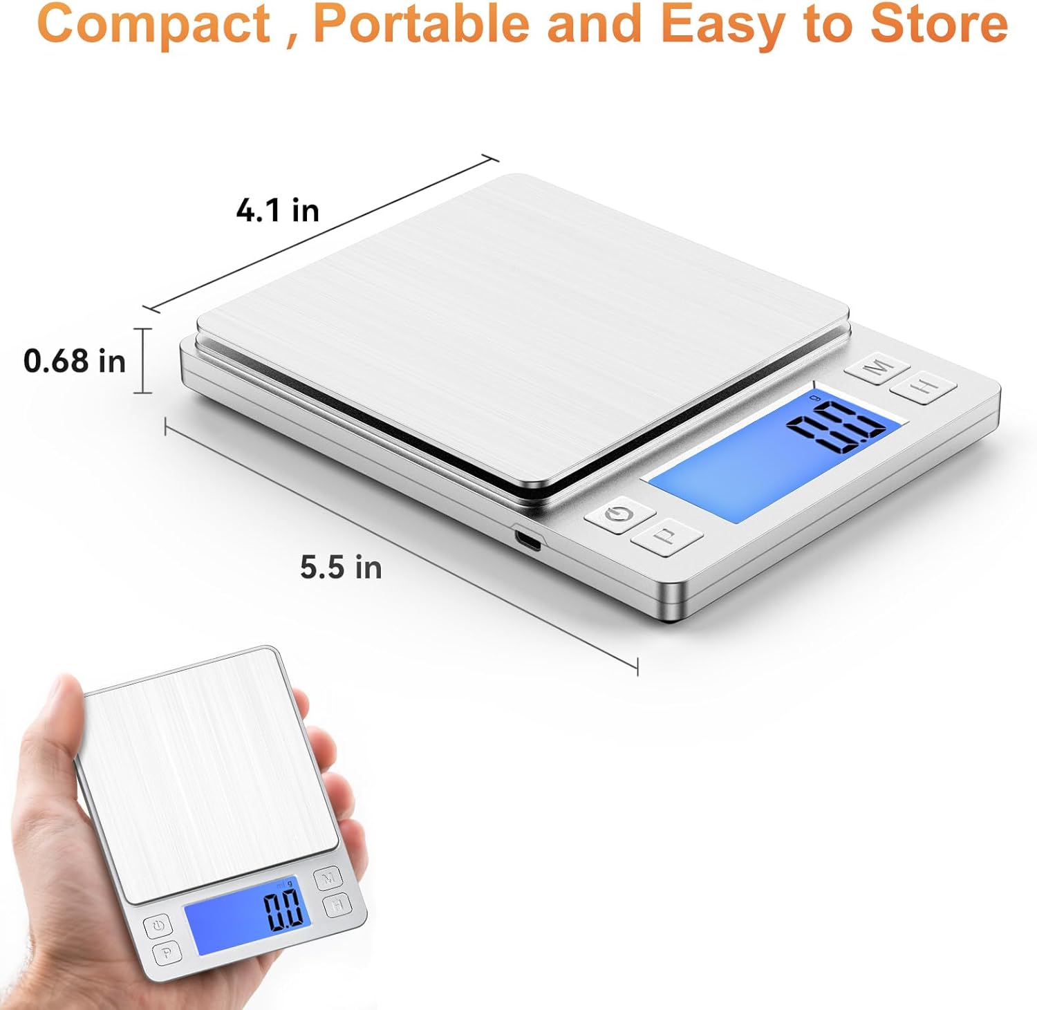 0.01g Small Digital Gram Scale, Upgraded 1kg Jewelry Scale | USB Rechargeable, Larger Display, Hold Function, High Precision, Grams and Ounces for Herb, Coin,Powder,Yeast, Kitchen Sliver