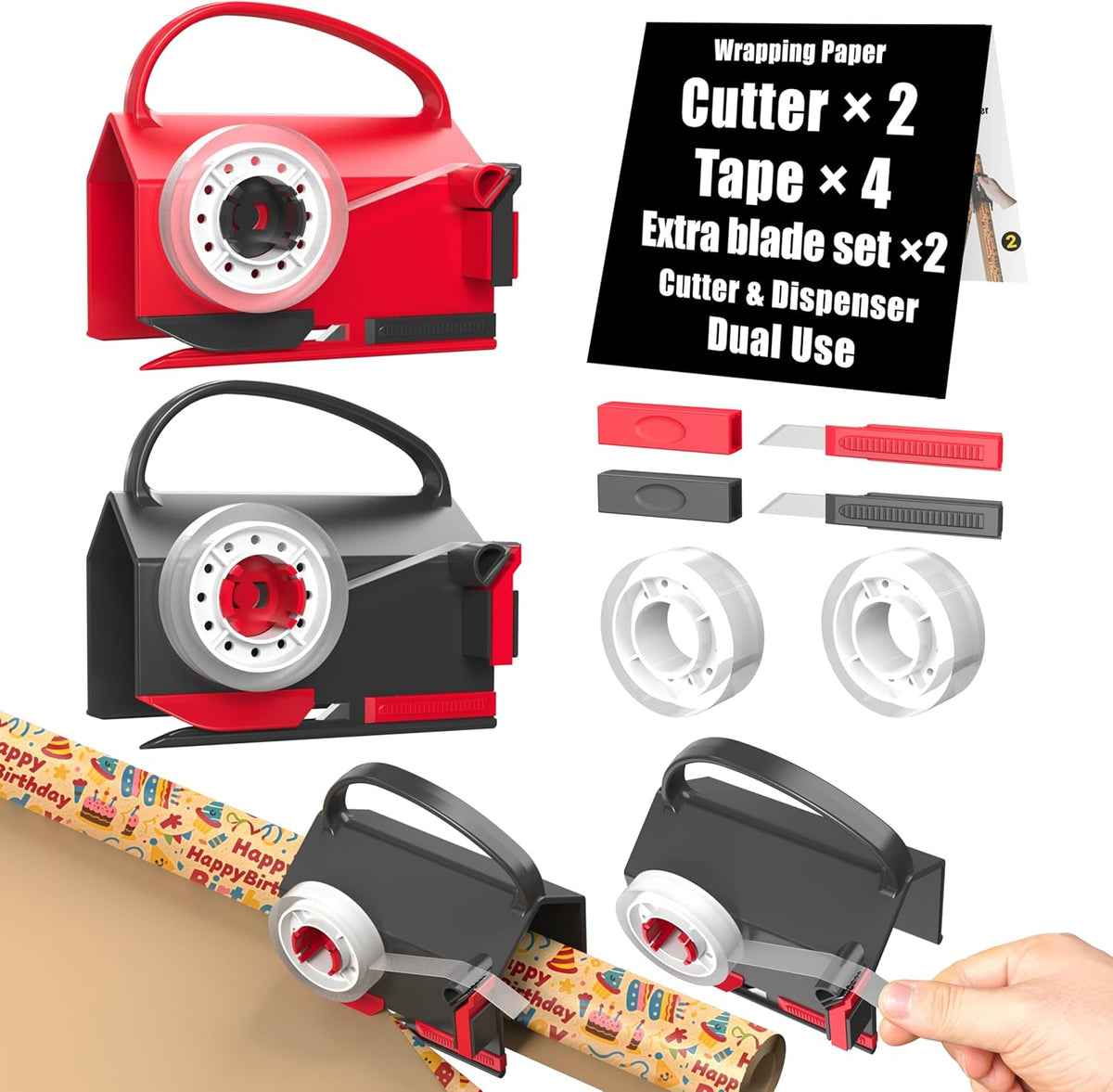 (2-Pack) Wrapping Paper Cutter & Tape Dispenser Dual Use with 4 Tapes .2 Replace Blades Kit for Christmas Gift Wrap Cutter Tool Paper Roll Holder Tube Sliding Slicing for Birthday Holiday.