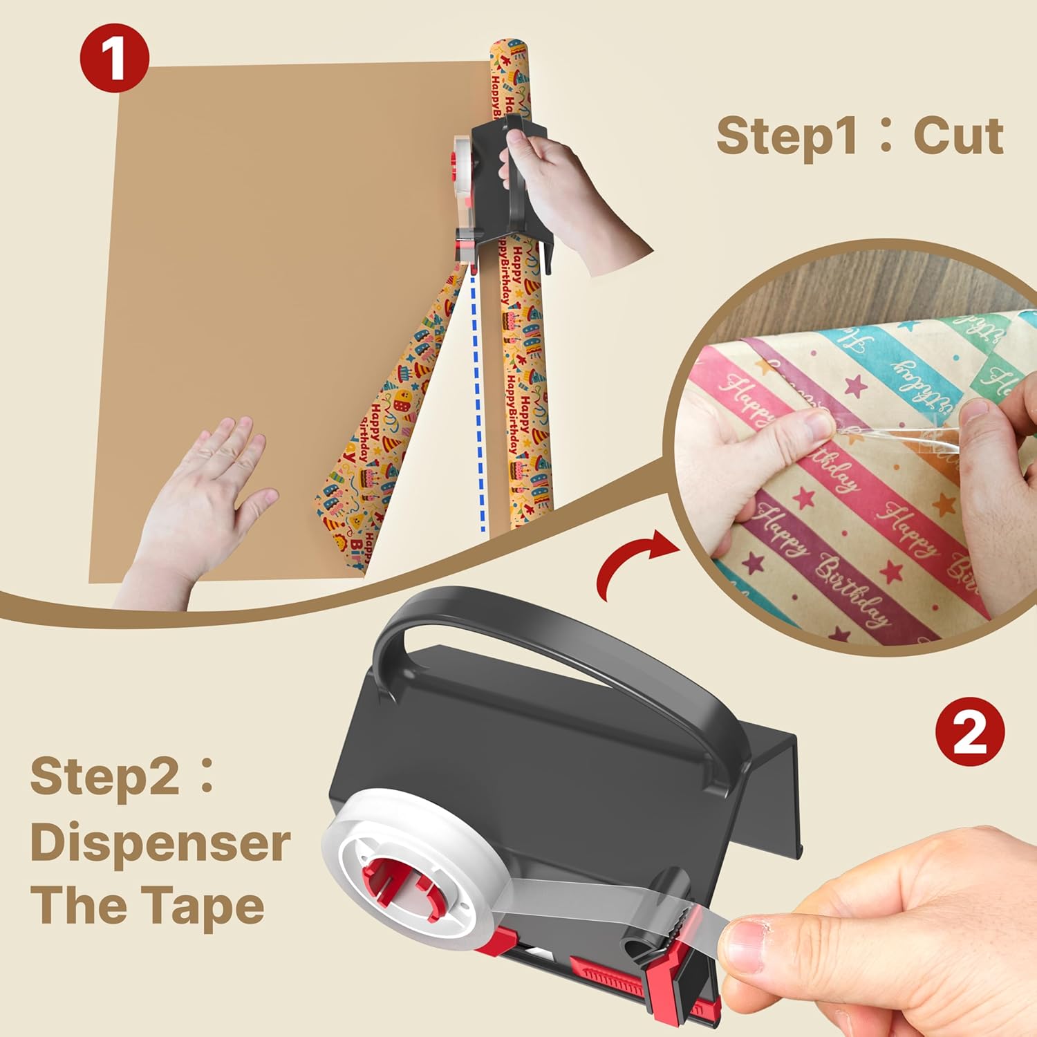 (2-Pack) Wrapping Paper Cutter & Tape Dispenser Dual Use with 4 Tapes .2 Replace Blades Kit for Christmas Gift Wrap Cutter Tool Paper Roll Holder Tube Sliding Slicing for Birthday Holiday.