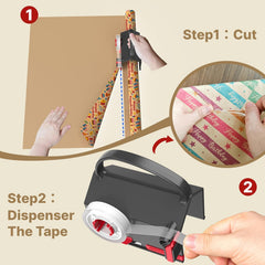 (2-Pack) Wrapping Paper Cutter & Tape Dispenser Dual Use with 4 Tapes .2 Replace Blades Kit for Christmas Gift Wrap Cutter Tool Paper Roll Holder Tube Sliding Slicing for Birthday Holiday.