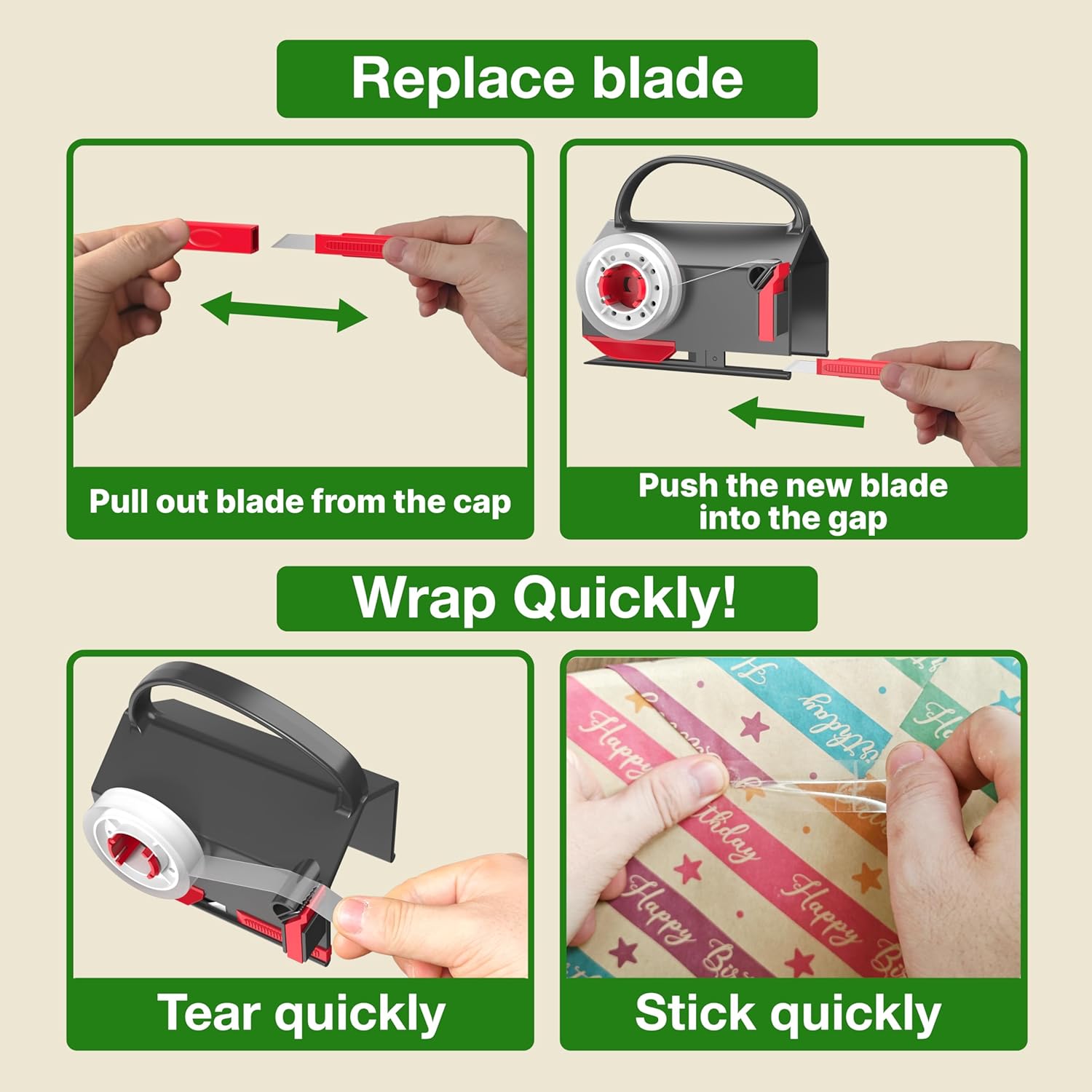 (2-Pack) Wrapping Paper Cutter & Tape Dispenser Dual Use with 4 Tapes .2 Replace Blades Kit for Christmas Gift Wrap Cutter Tool Paper Roll Holder Tube Sliding Slicing for Birthday Holiday.