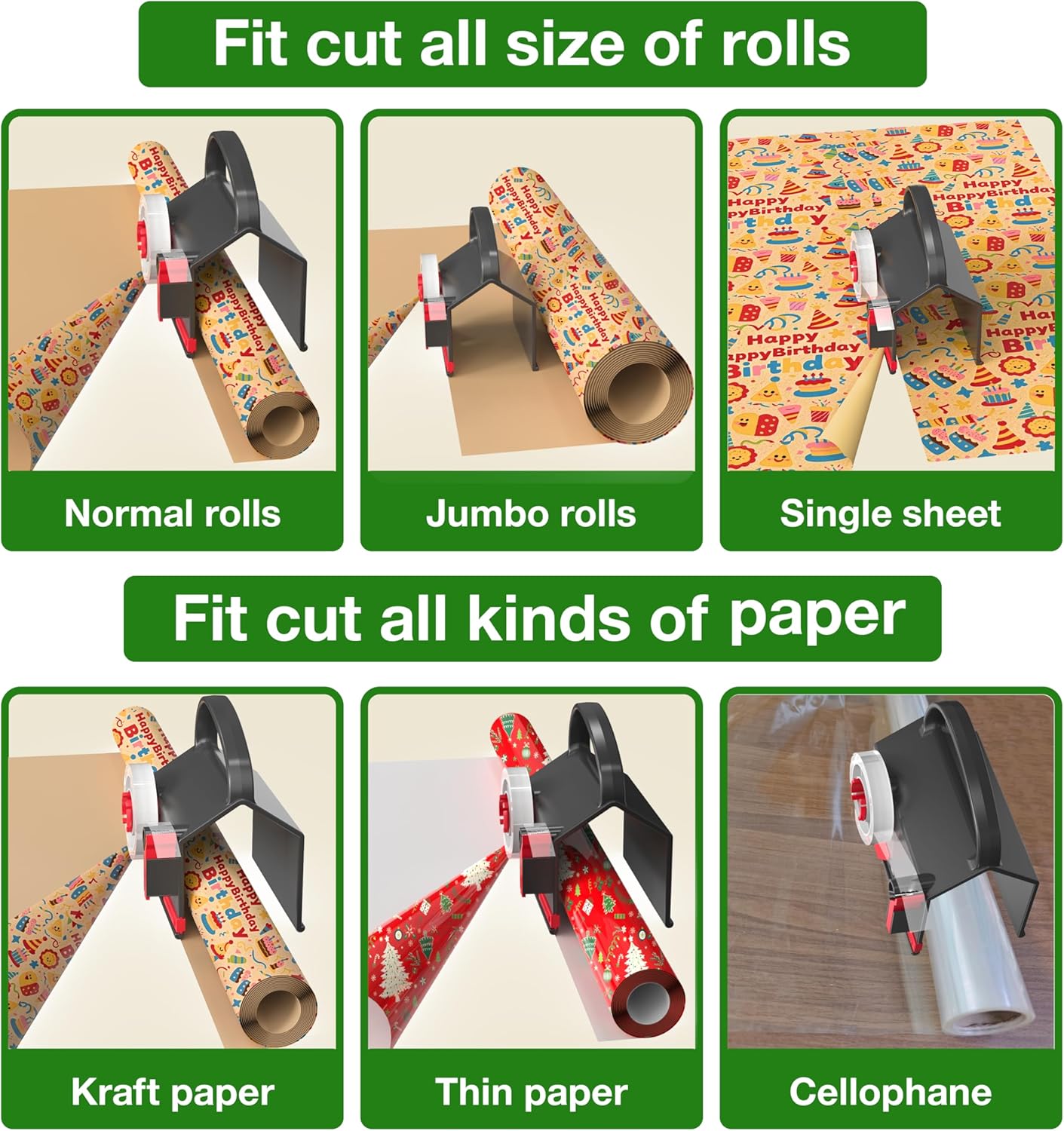 (2-Pack) Wrapping Paper Cutter & Tape Dispenser Dual Use with 4 Tapes .2 Replace Blades Kit for Christmas Gift Wrap Cutter Tool Paper Roll Holder Tube Sliding Slicing for Birthday Holiday.
